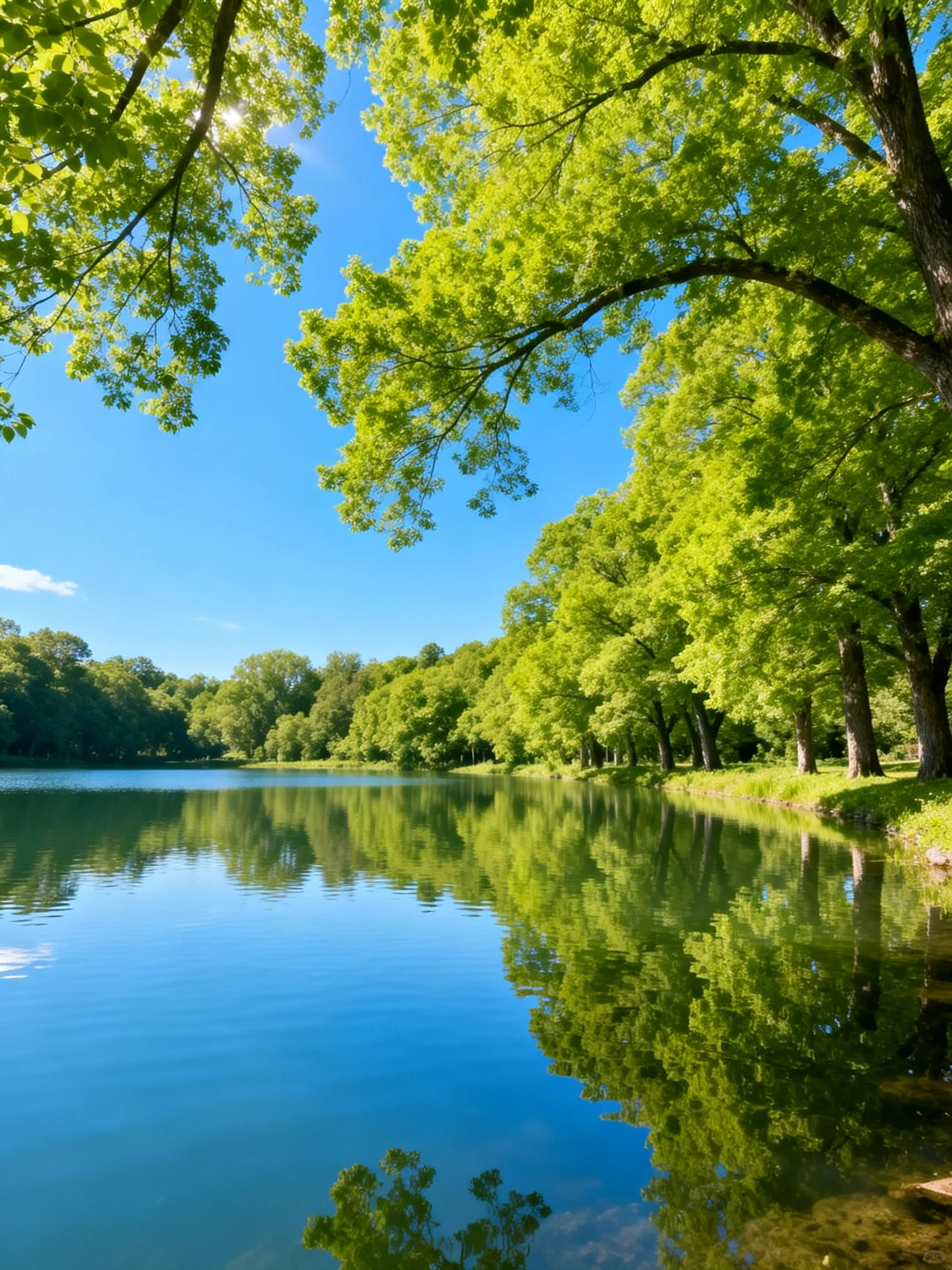 Vibrant Green Canopy Reflects in a Serene Blue Lake