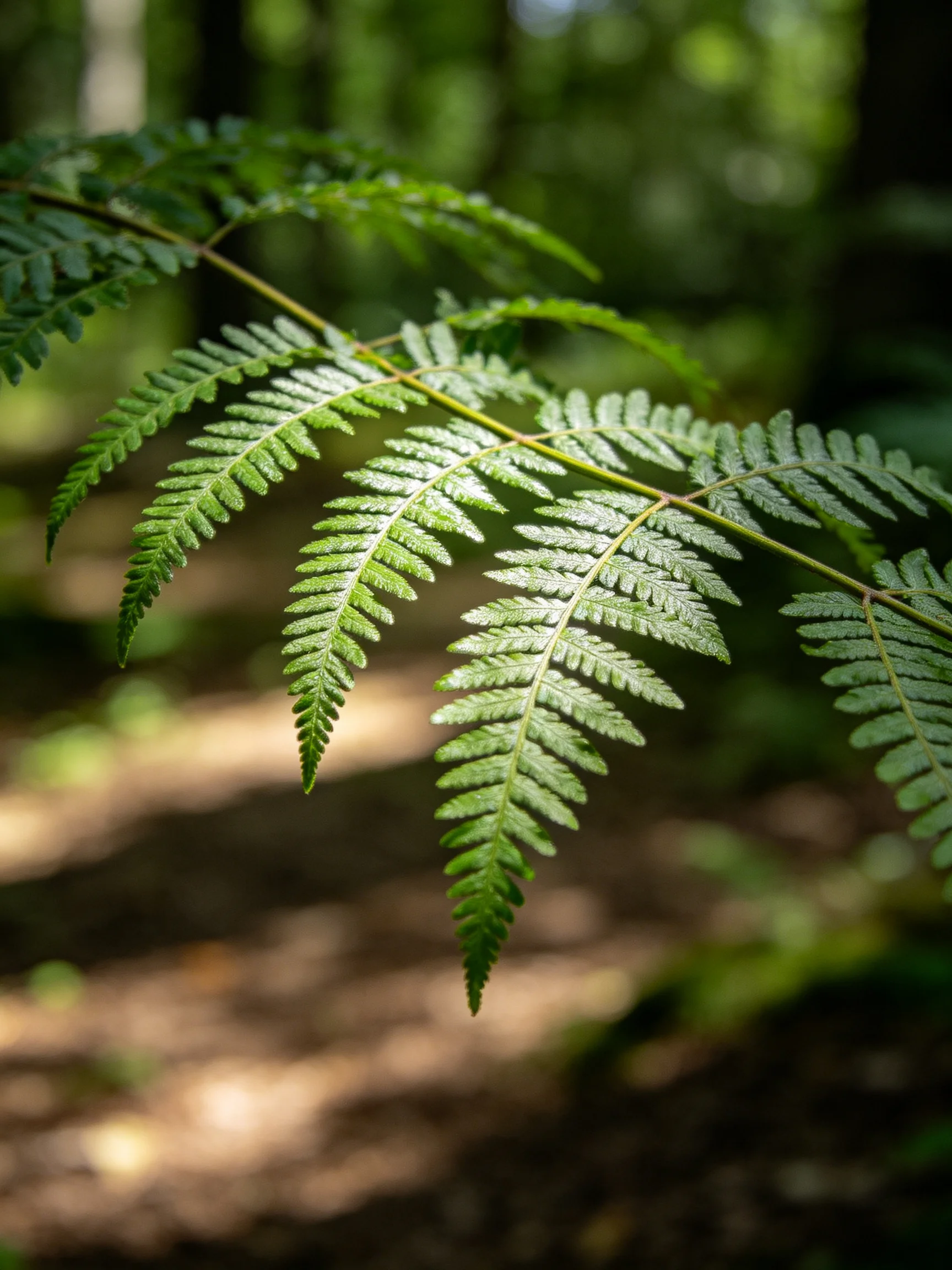 Vibrant Green Fern Fronds in Sunlit Forest Undergrowth