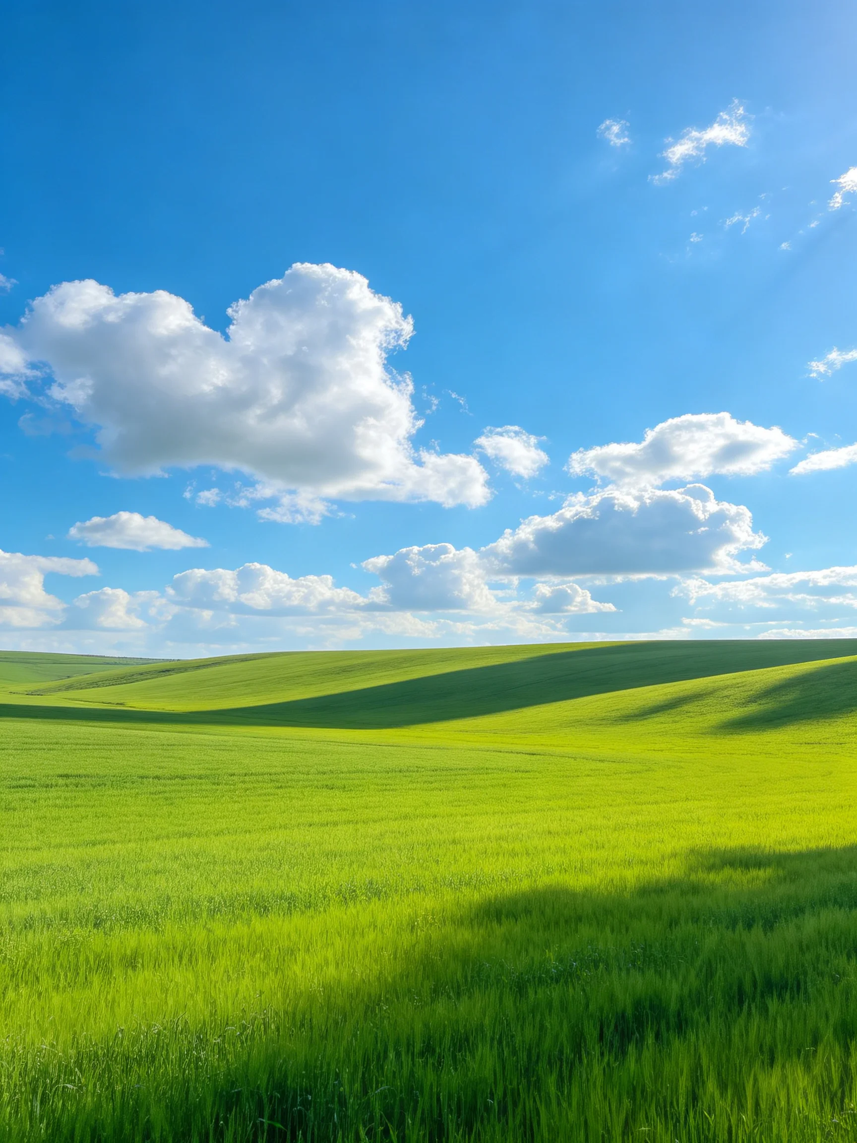 Vibrant Green Fields Under Bright Blue Sky with Fluffy White Clouds