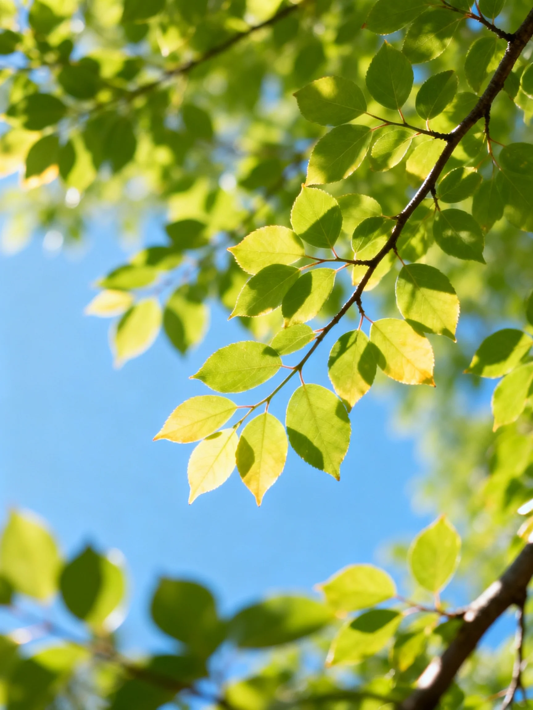 Vibrant Green Leaves Illuminated by Sunlight Against Clear Blue Sky