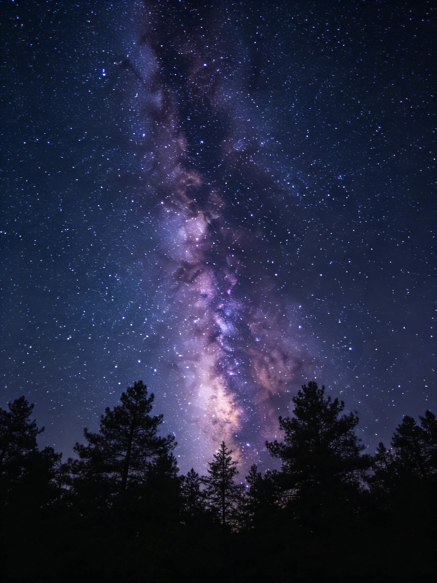 Vibrant Milky Way galaxy spans starry night sky over silhouetted trees