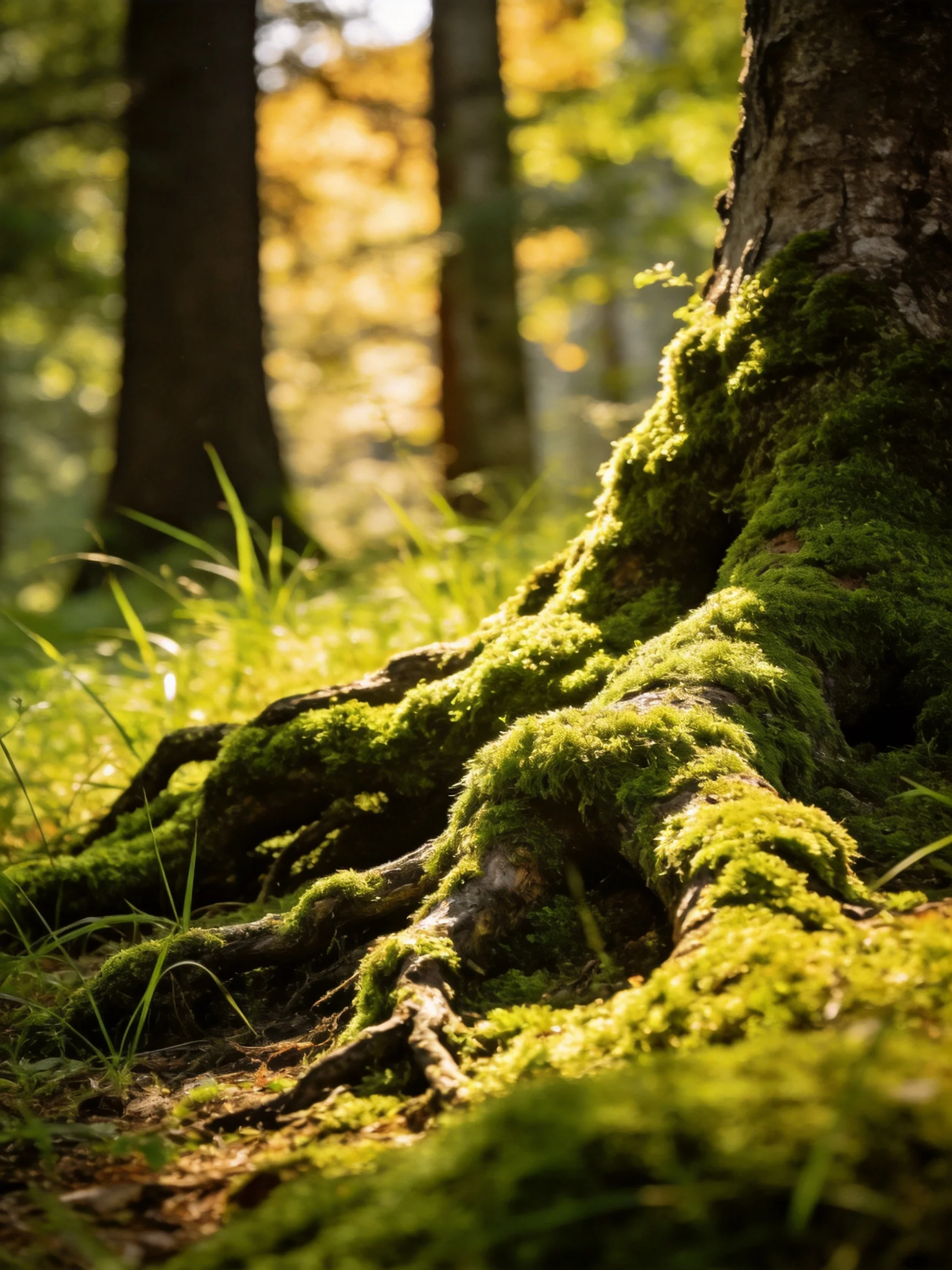 Vibrant Moss-Covered Tree Roots in Sunlit Forest