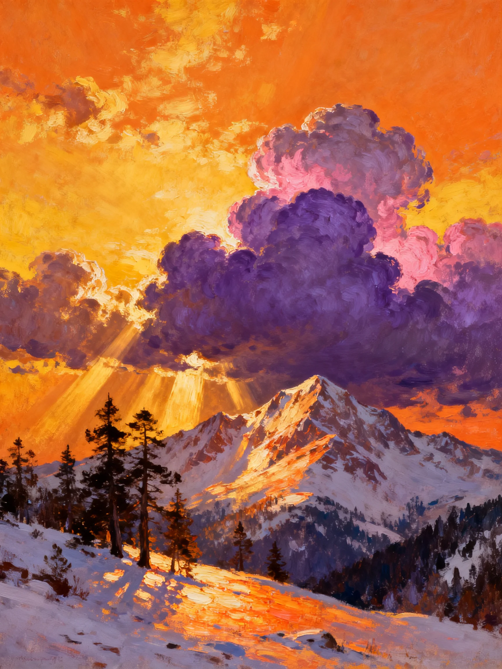 Vibrant Orange Sunset Over Snow-Capped Peaks with Purple Clouds