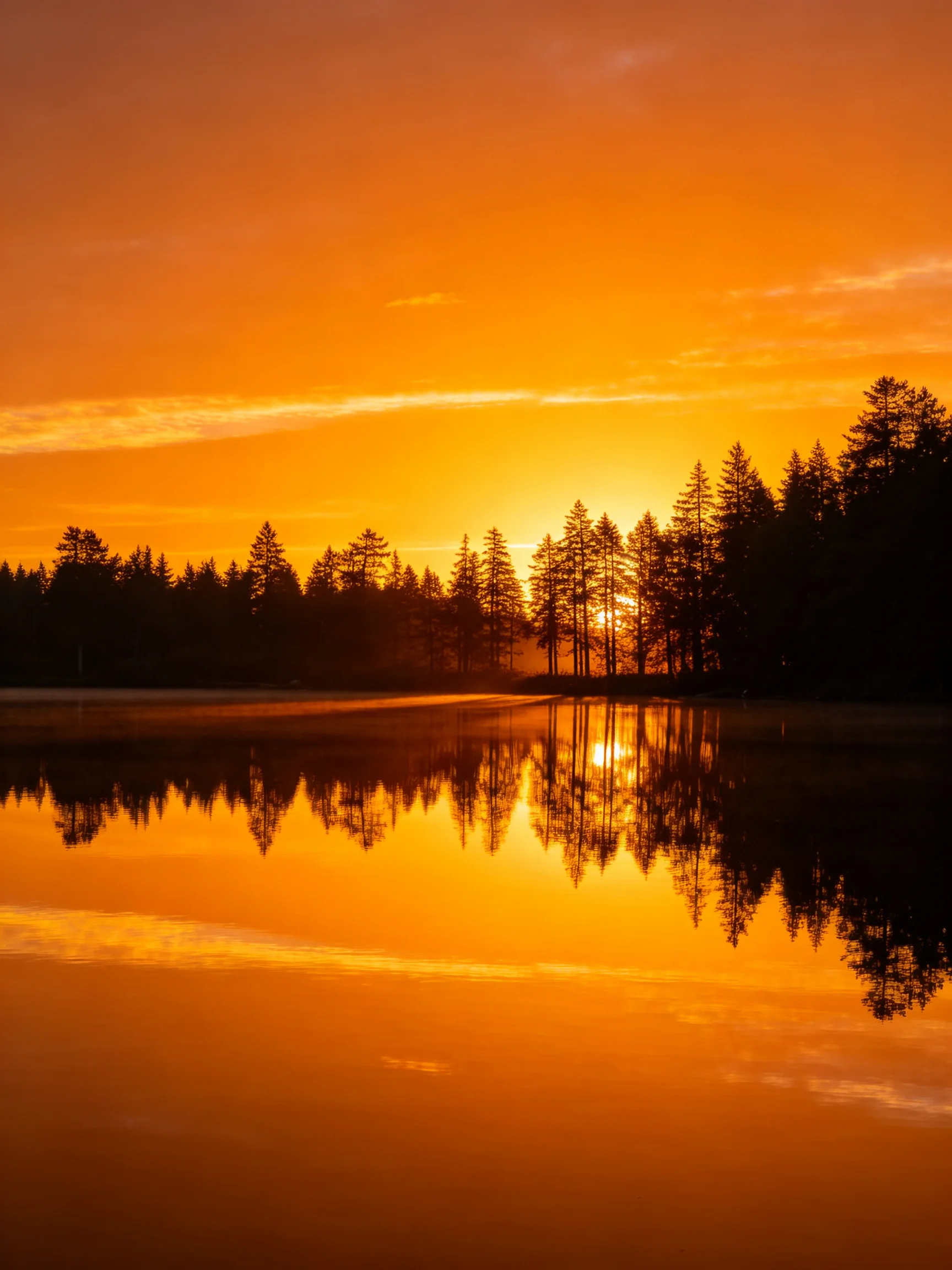 Vibrant Orange Sunset Reflects Off Silhouetted Forest By Still Water