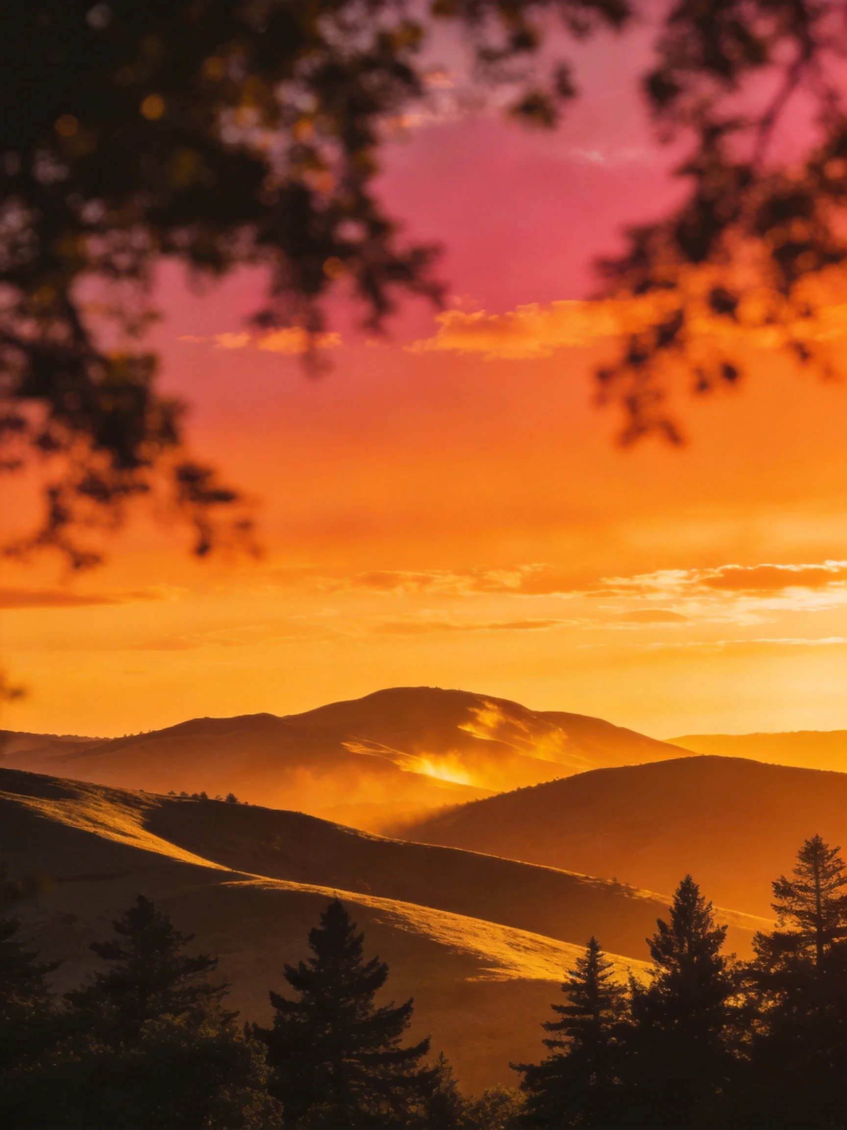 Vibrant Sunset Over Rolling Hills with Silhouetted Trees