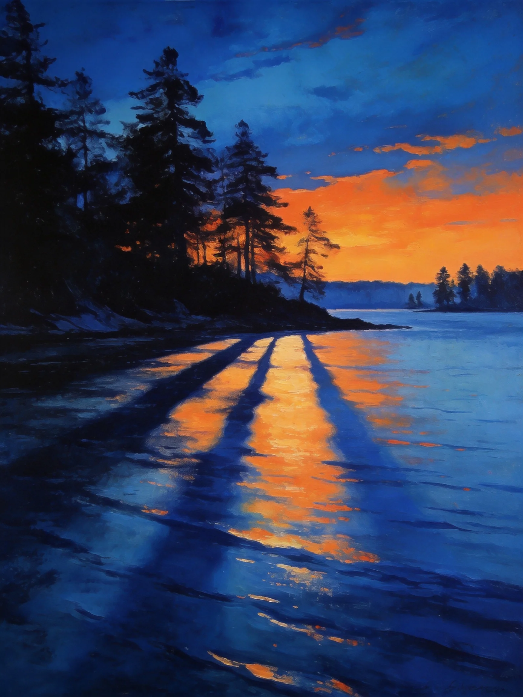 Vibrant Sunset Reflecting on Calm Waters Near Forested Shore