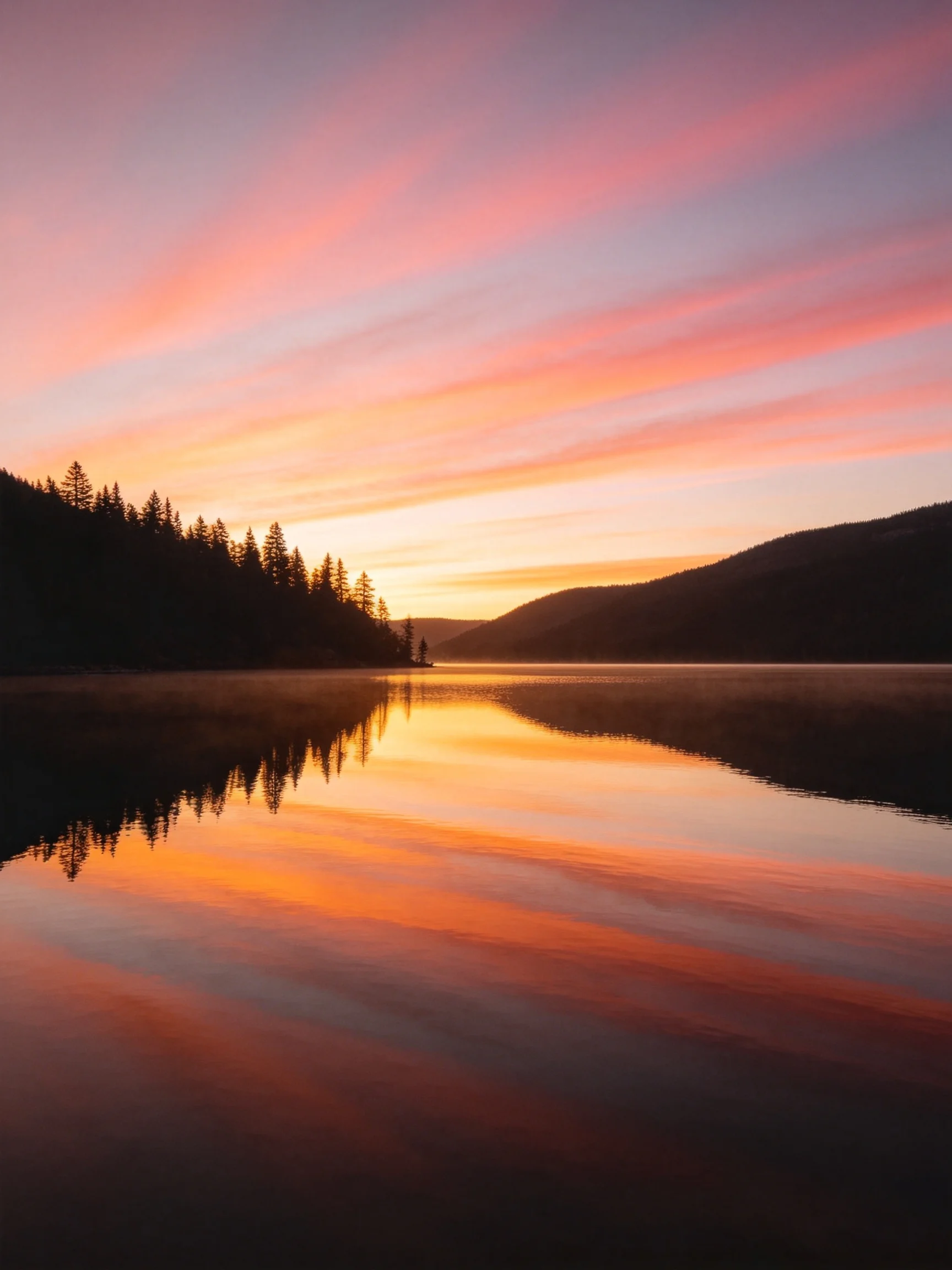 Vibrant Sunset Reflections on Calm Lake and Forested Hills