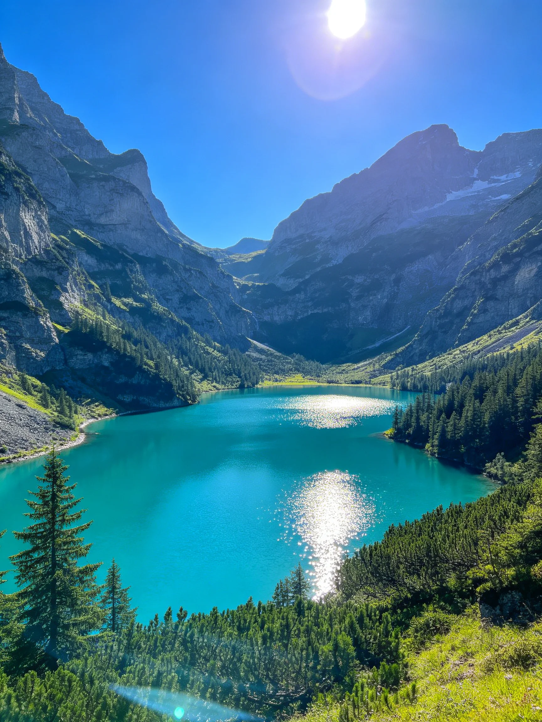 Vibrant Turquoise Lake Amongst Majestic Mountain Peaks and Dense Forests