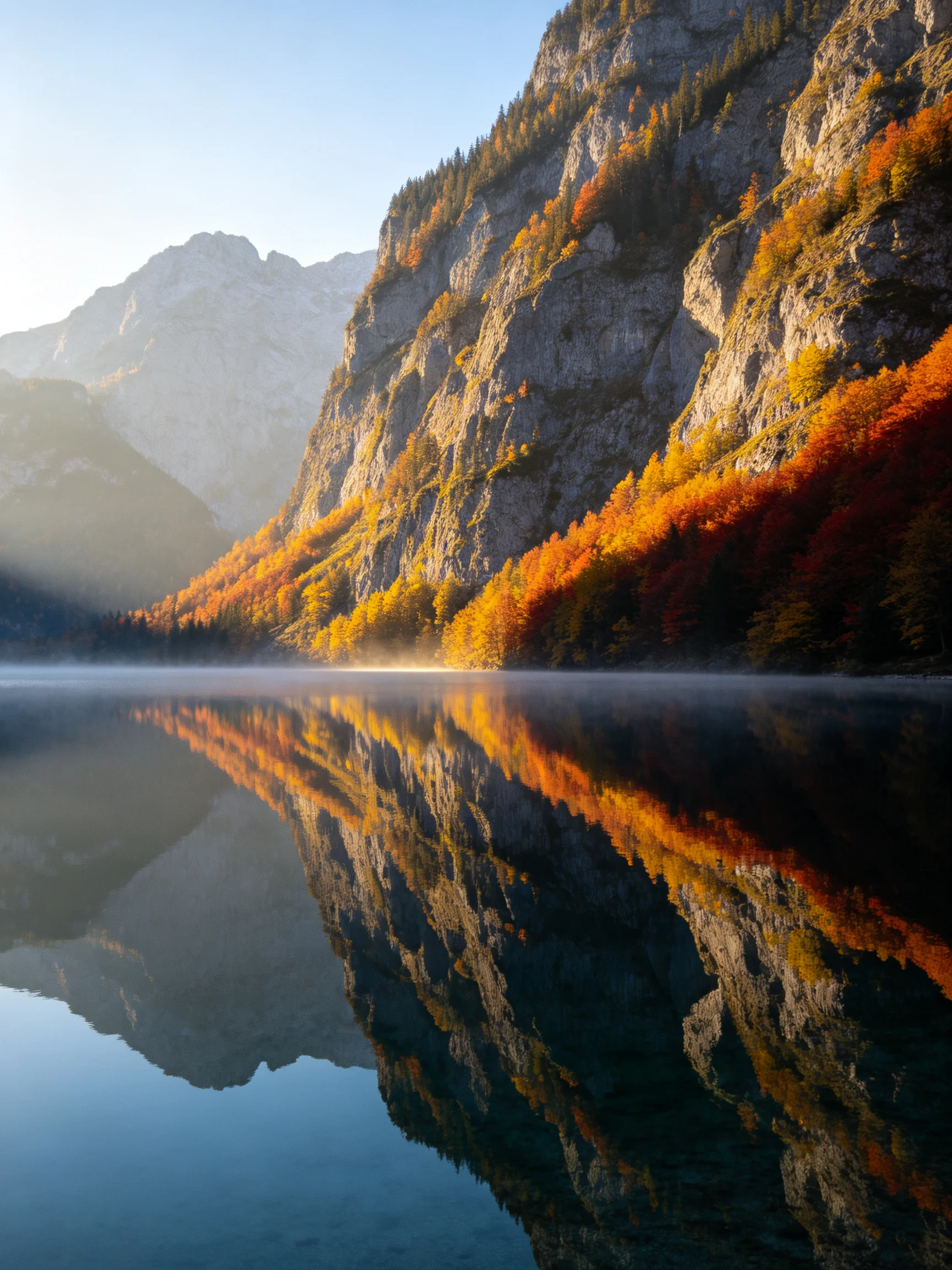 Vibrant autumn cliffs reflected in calm mountain lake