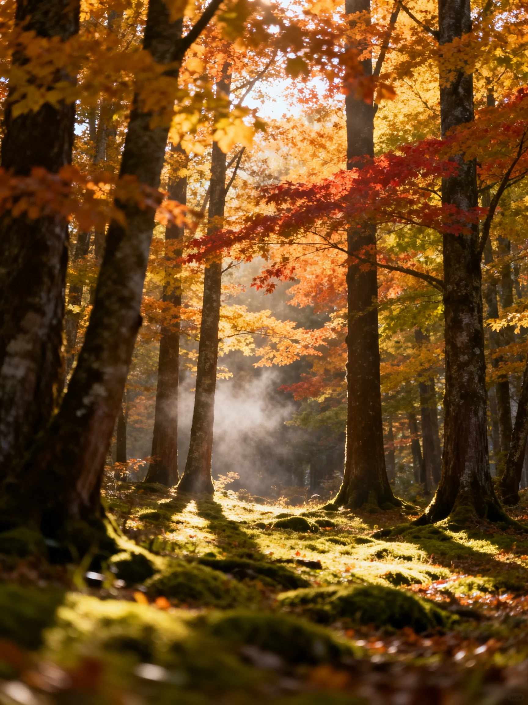 Vibrant autumn foliage fills a sun-dappled forest with tall trees.