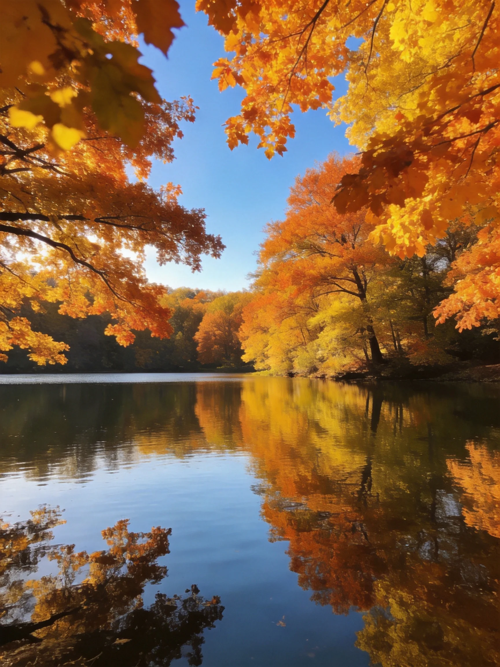 Vibrant autumn foliage frames a calm lake with golden reflections