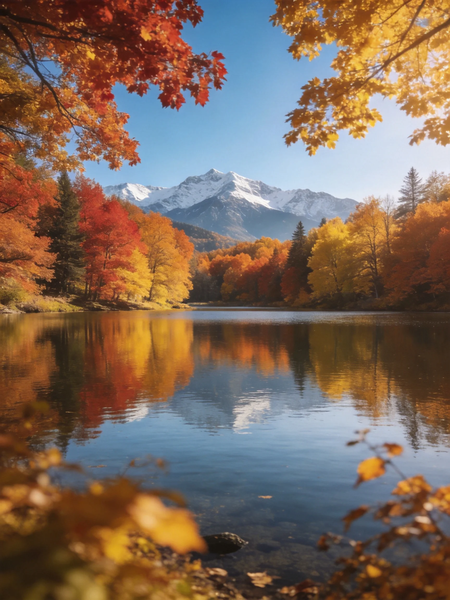 Vibrant autumn foliage frames a calm lake with snow-capped mountains