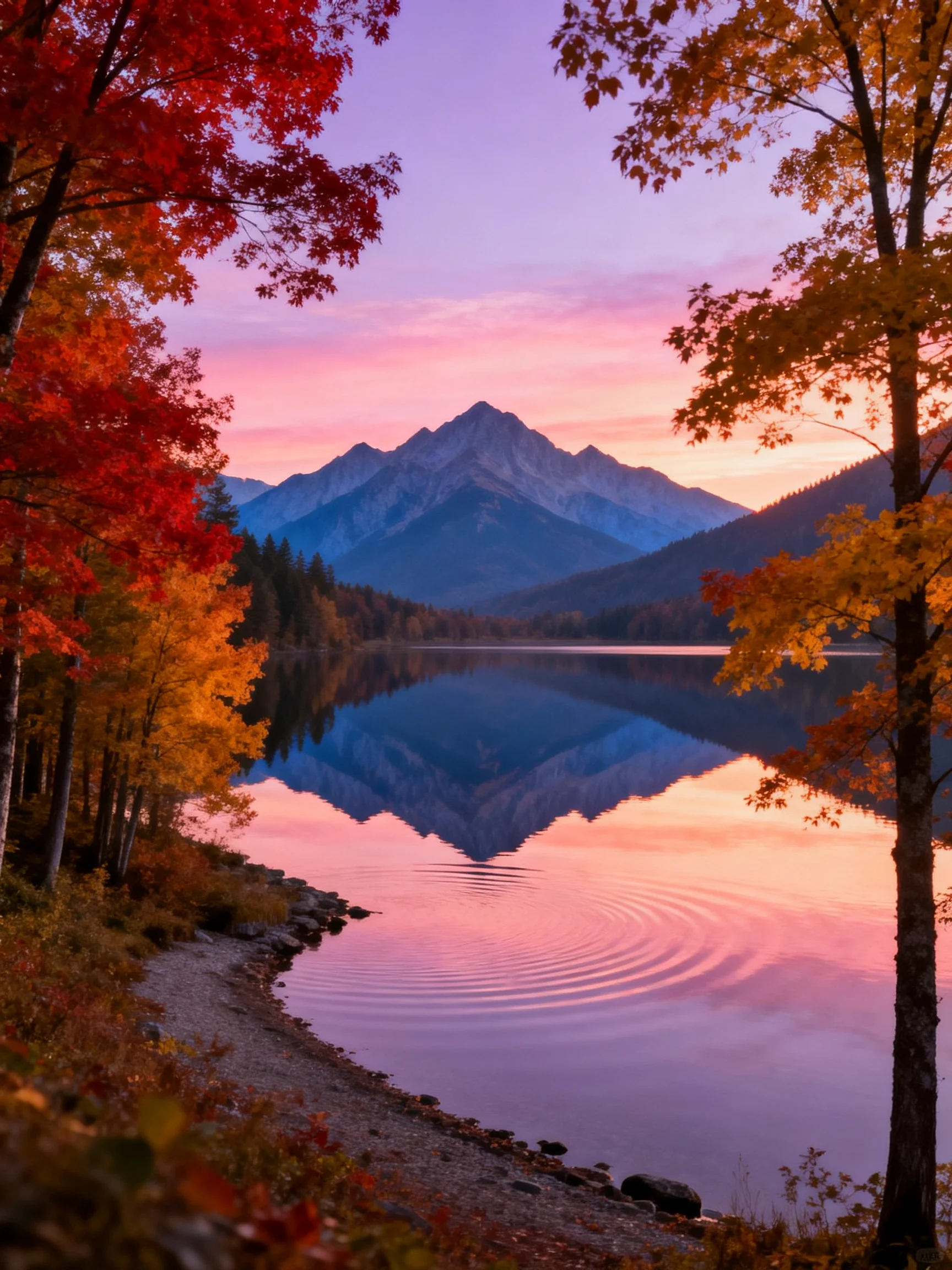 Vibrant autumn foliage frames a serene lake reflecting mountains at dusk.