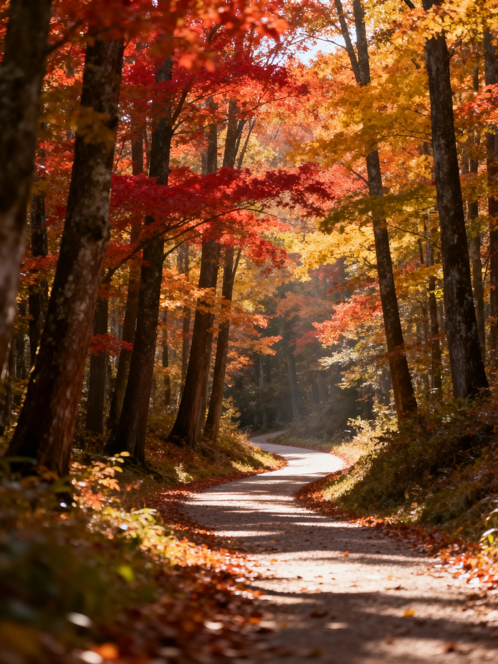 Vibrant autumn foliage frames a winding forest path