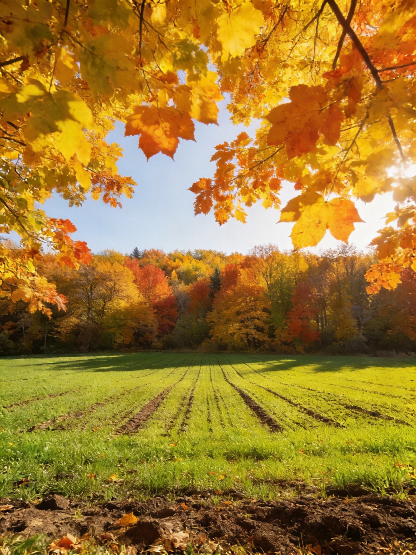 Vibrant autumn foliage framing a lush green agricultural field