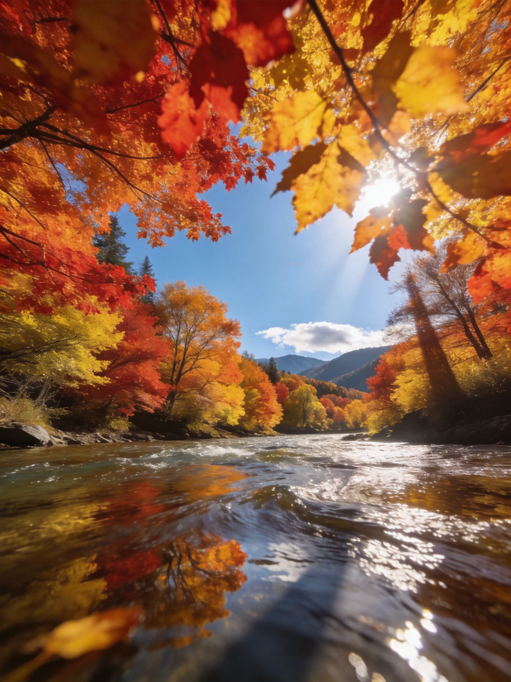 Vibrant autumn foliage in red, orange, and gold frames a rushing river