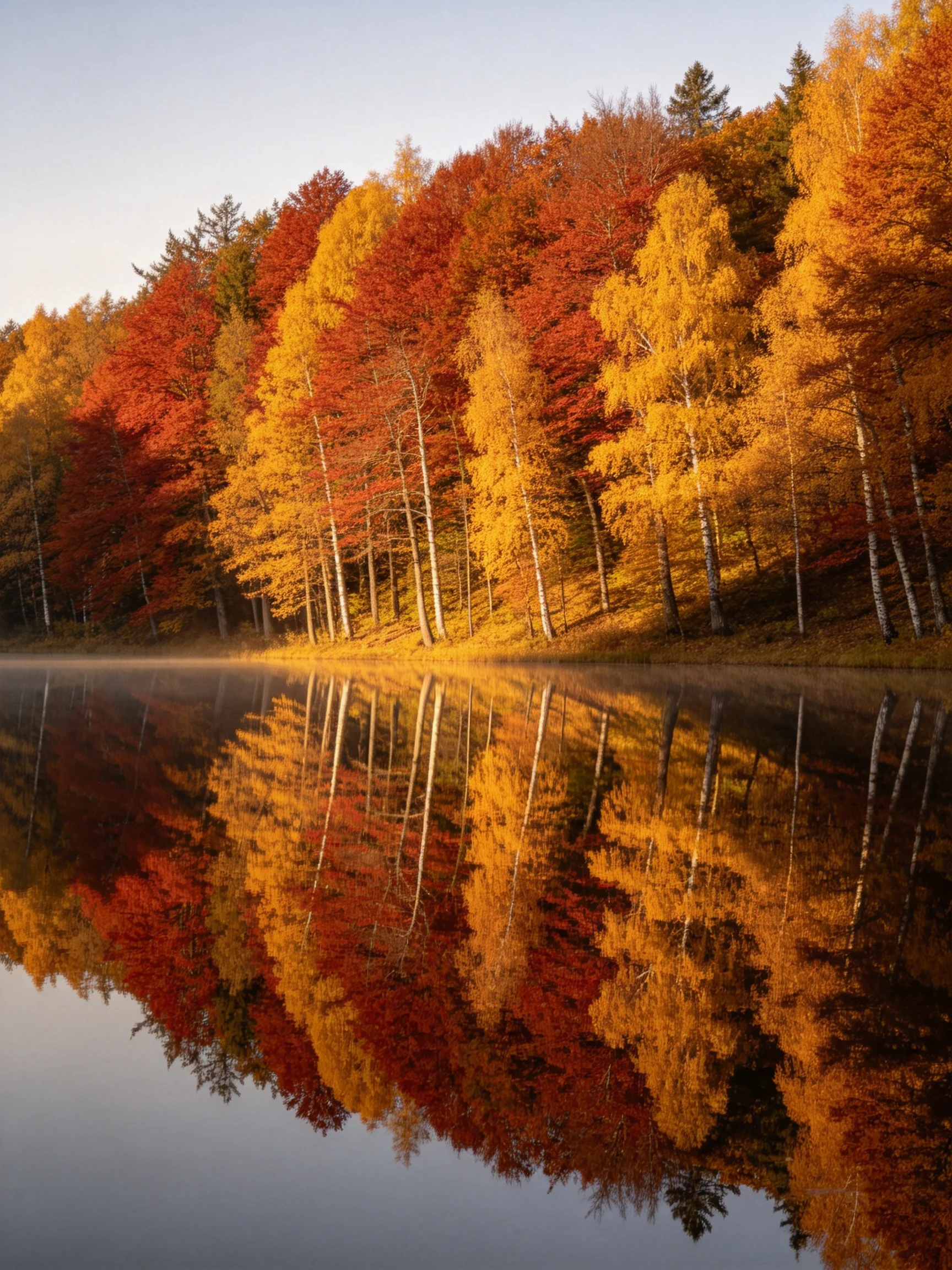 Vibrant autumn foliage reflected in calm lake waters