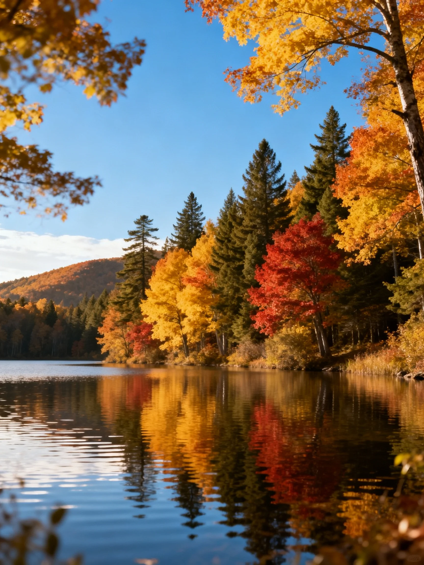 Vibrant autumn foliage reflects in a calm lake near forested hills