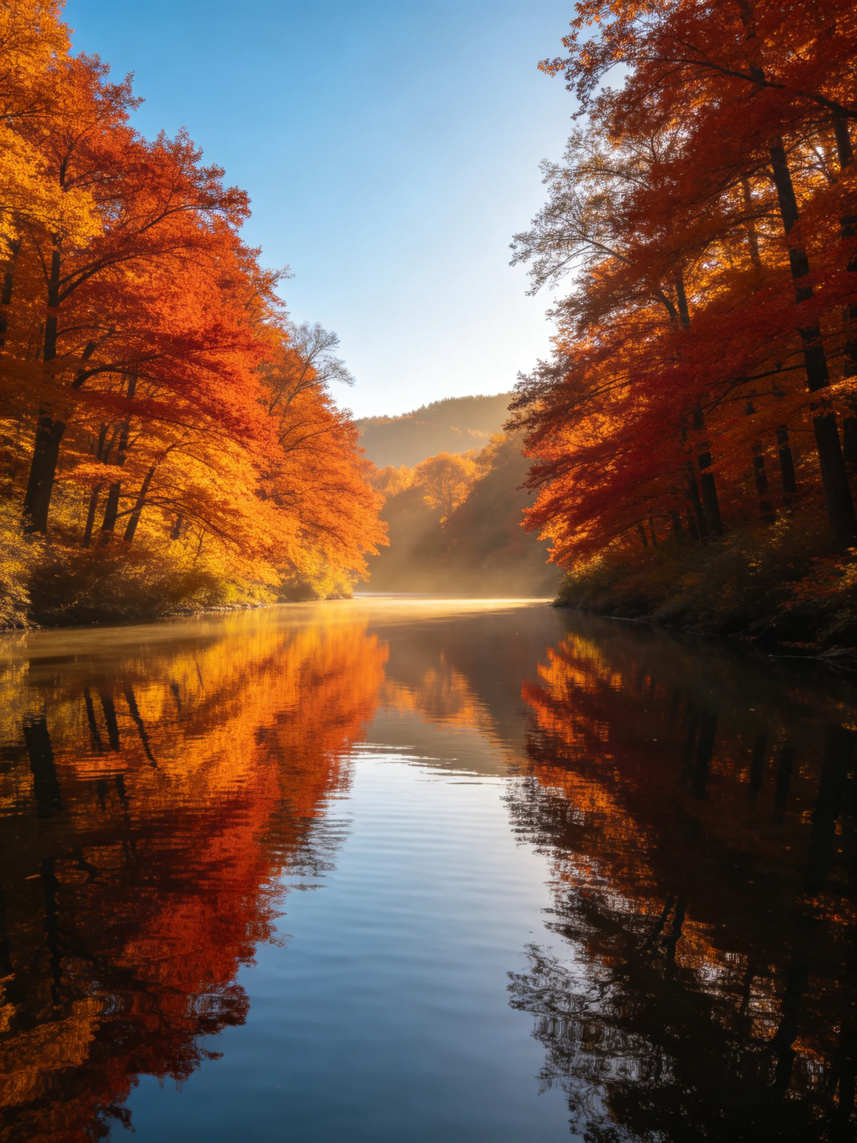 Vibrant autumn foliage reflects in a calm river under clear blue skies