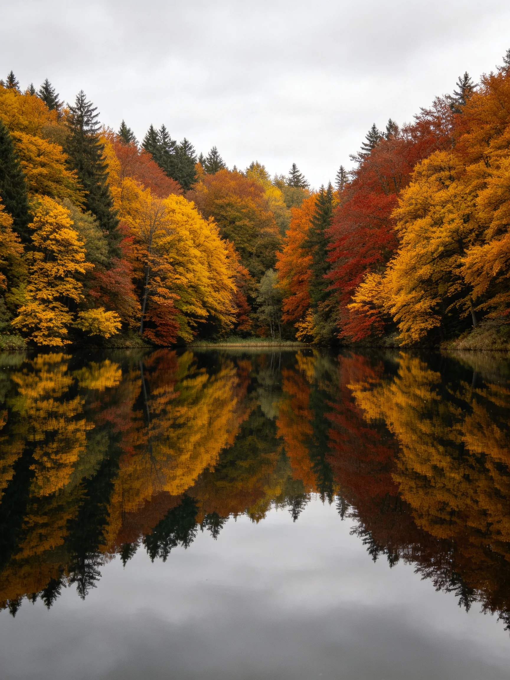 Vibrant autumn foliage reflects in calm lake waters