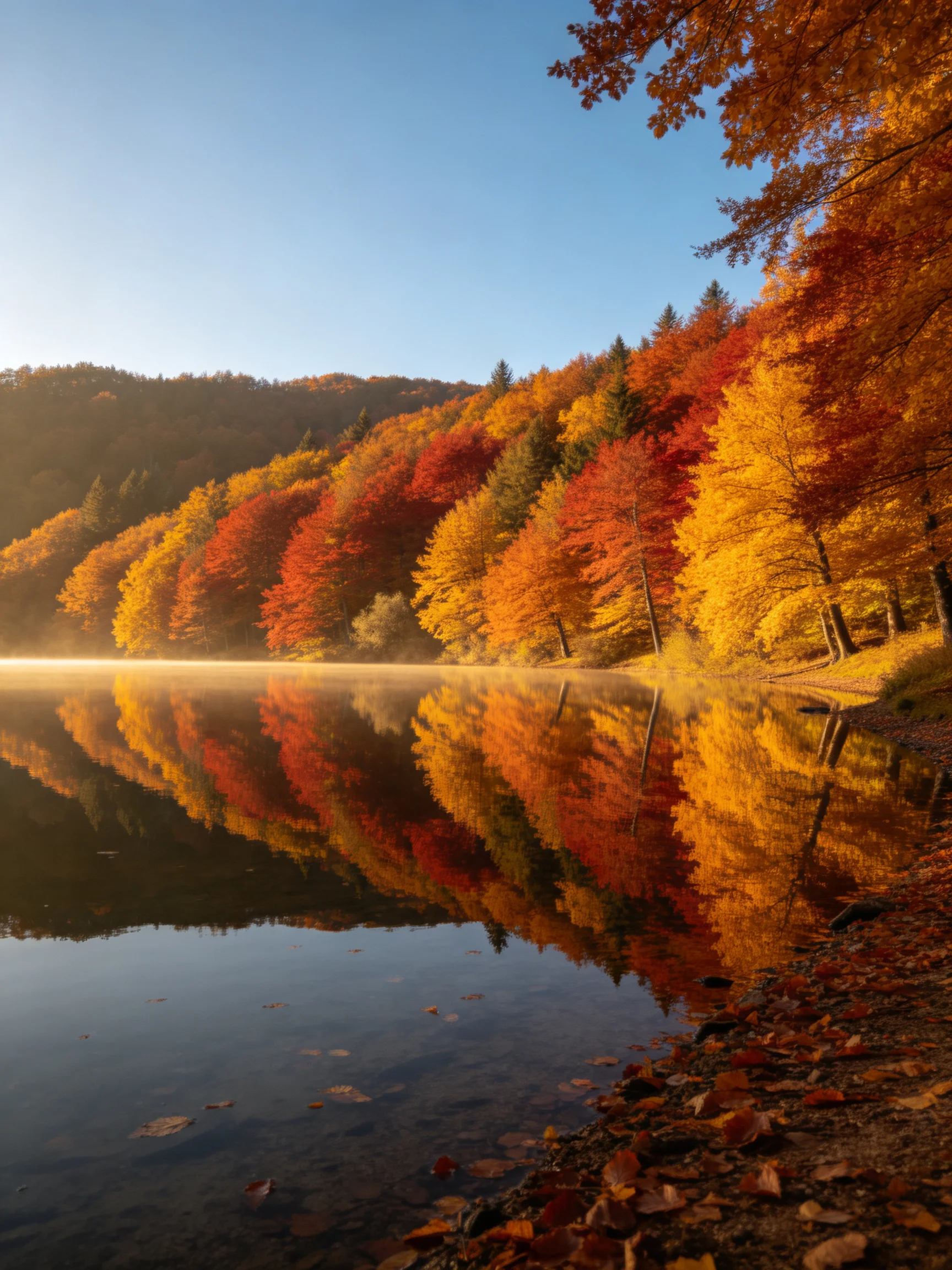 Vibrant autumn foliage reflects in calm lake waters under clear sky
