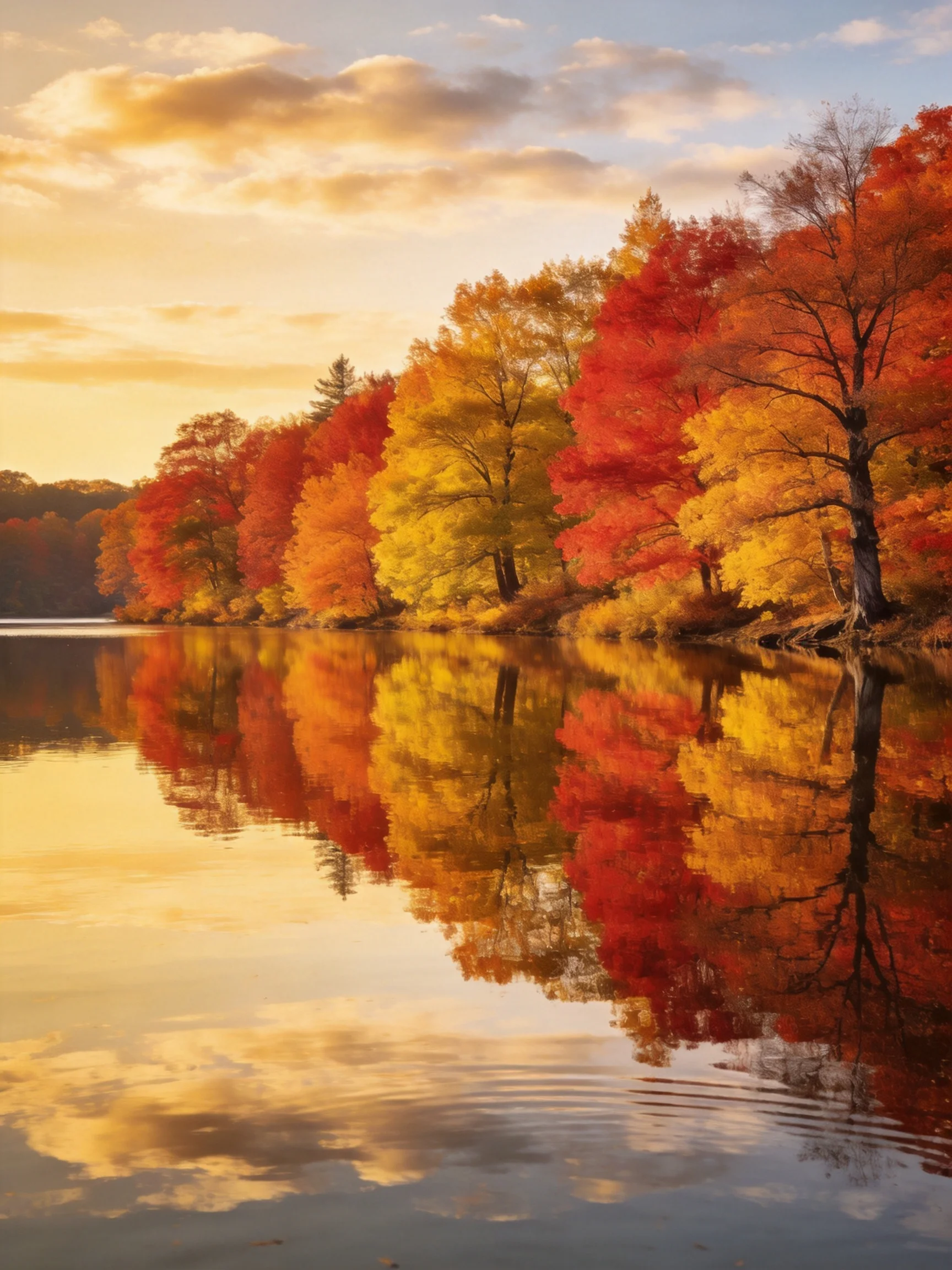Vibrant autumn foliage reflects in calm lake waters under golden sky