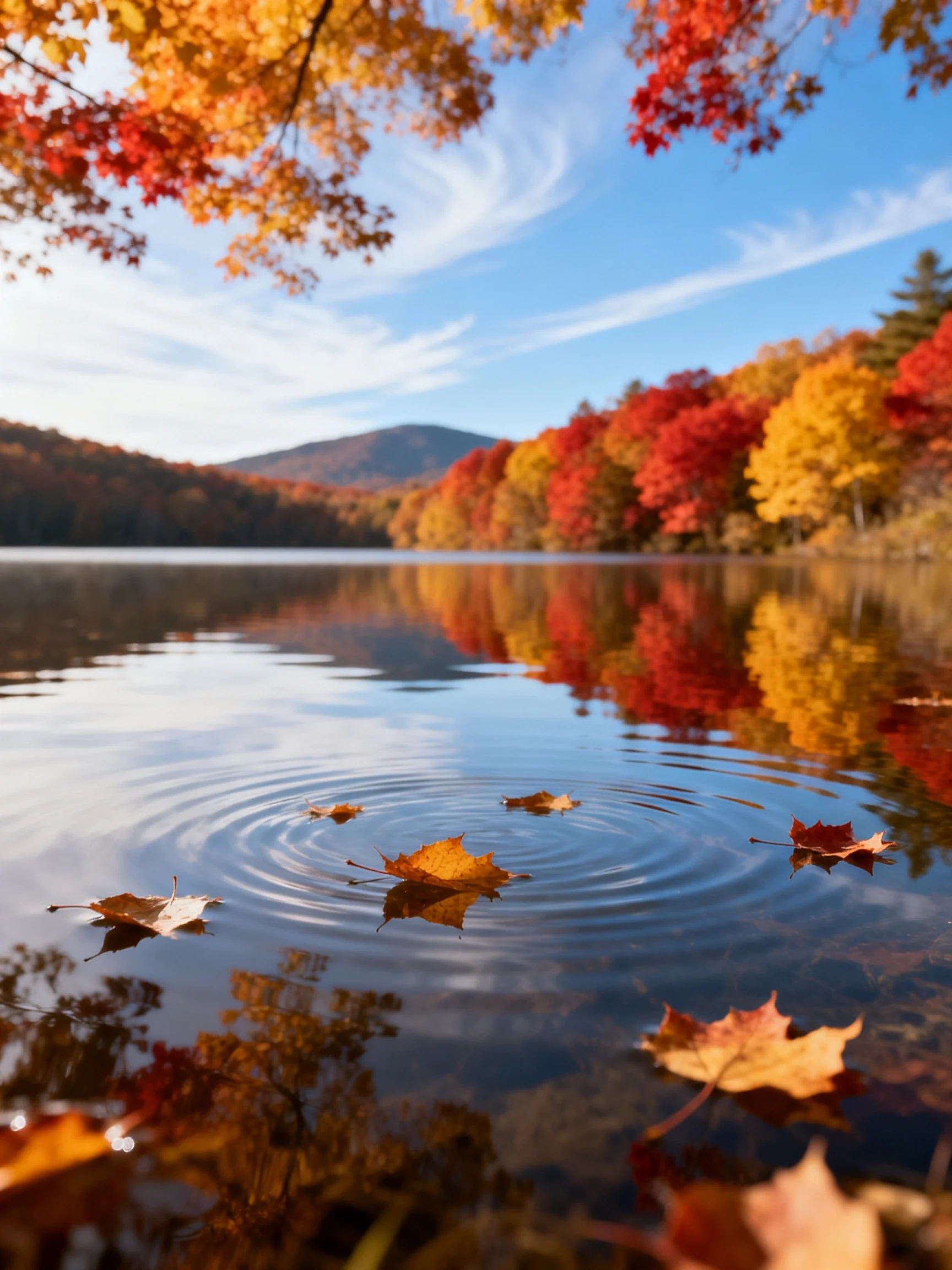 Vibrant autumn foliage reflects in calm lake waters with floating leaves