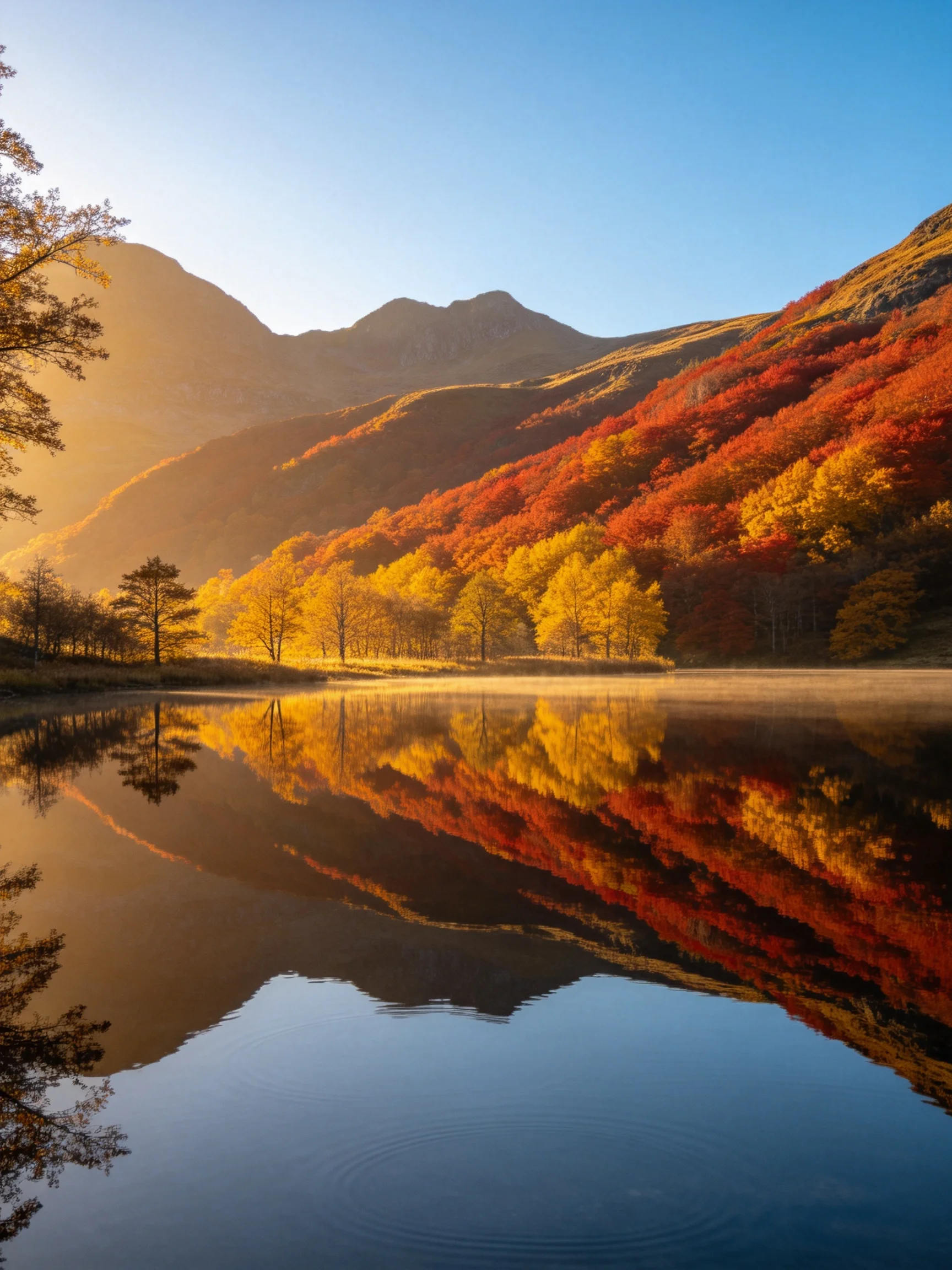 Vibrant autumn foliage reflects in calm mountain lake waters