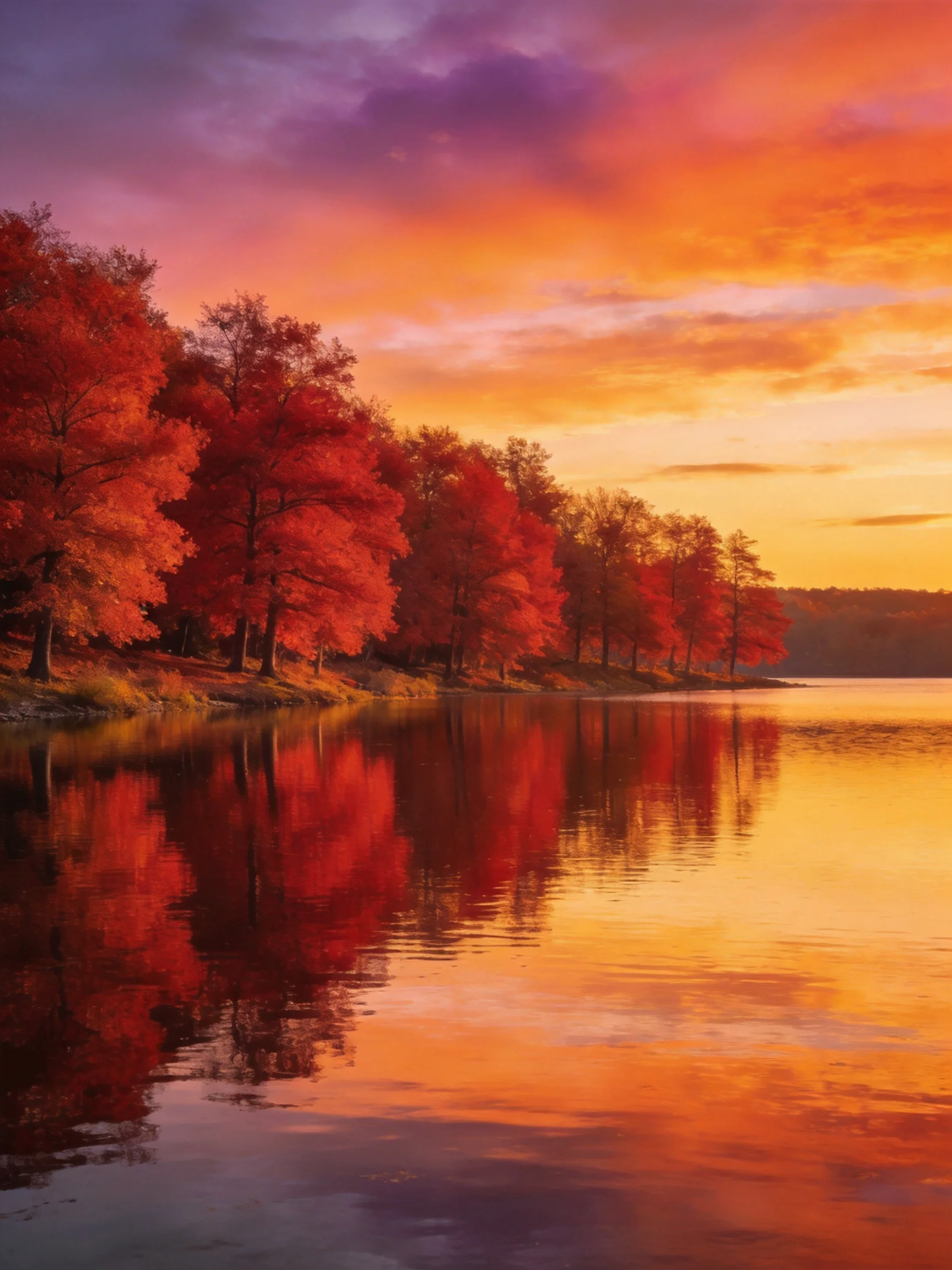Vibrant autumn foliage reflects in tranquil lake during colorful sunset