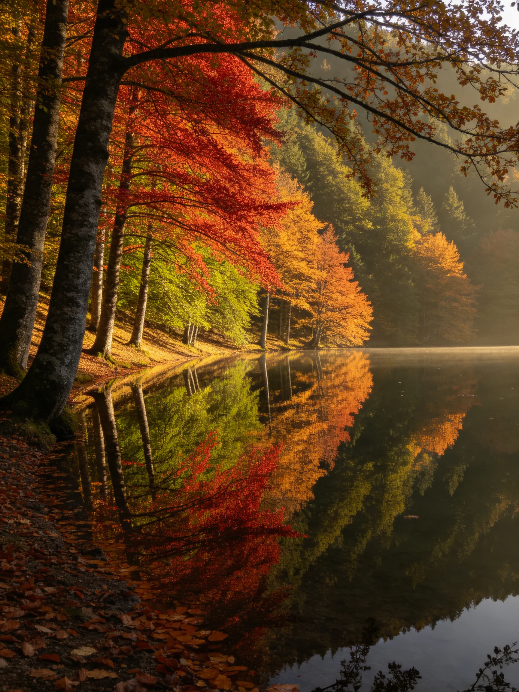 Vibrant autumn foliage reflects in tranquil lake waters