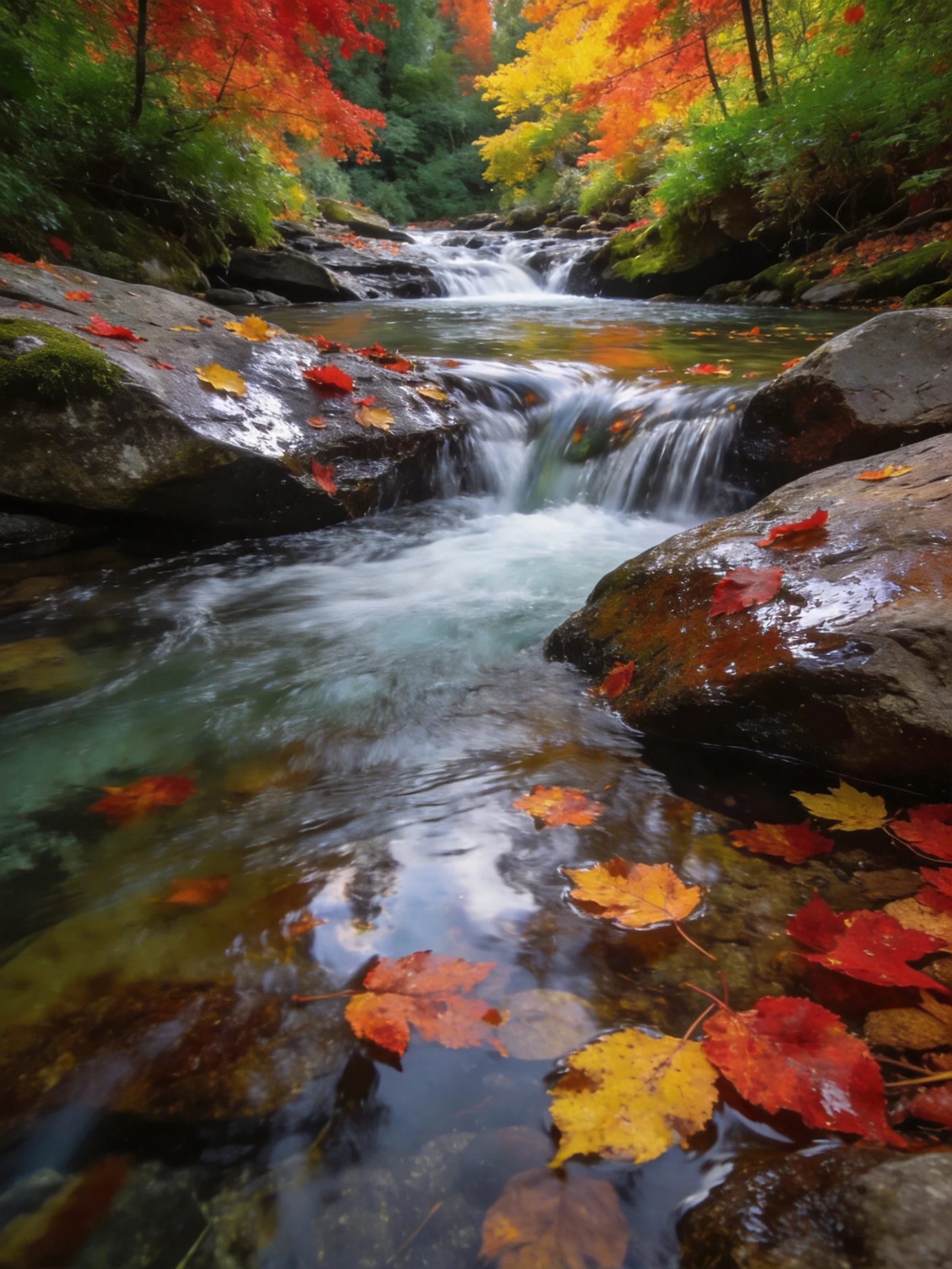 Vibrant autumn foliage surrounds a clear rushing stream over mossy rocks.