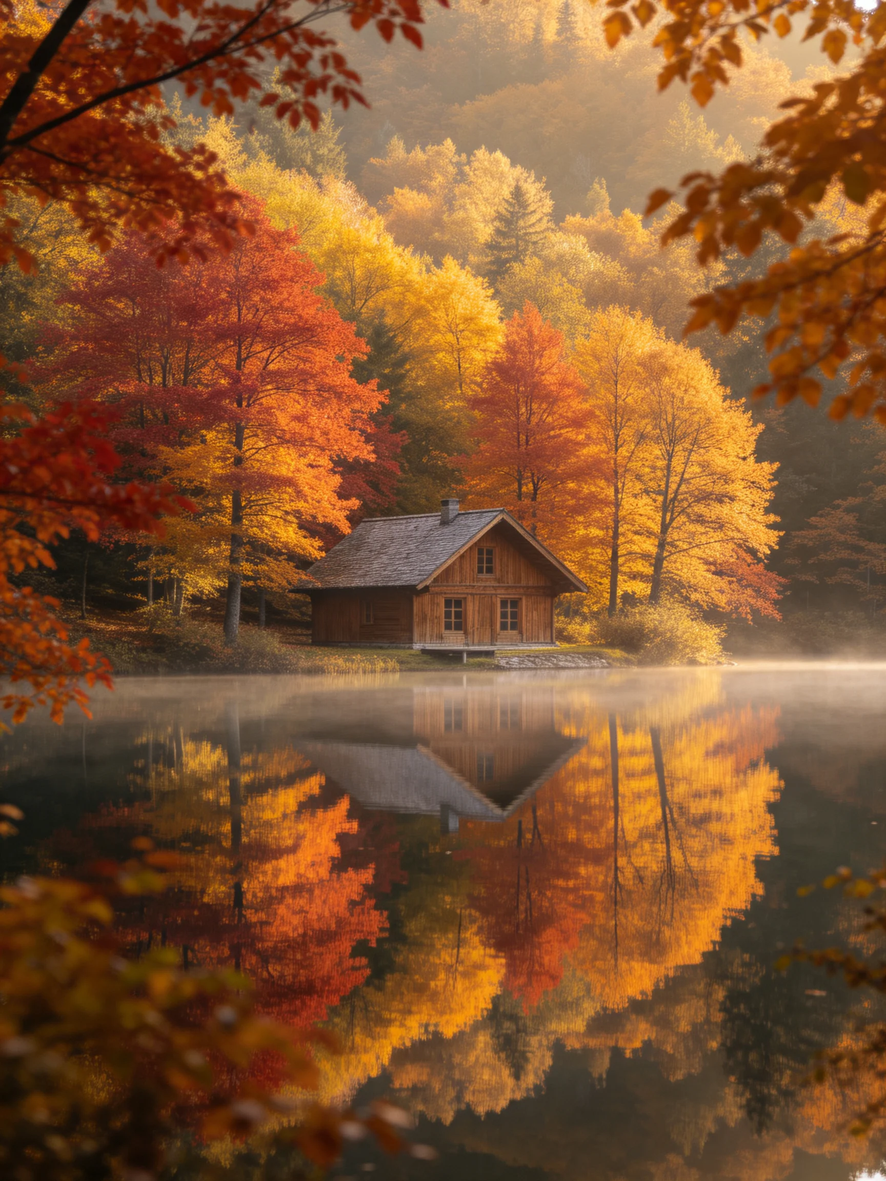 Vibrant autumn foliage surrounds a wooden cabin by a reflective lake