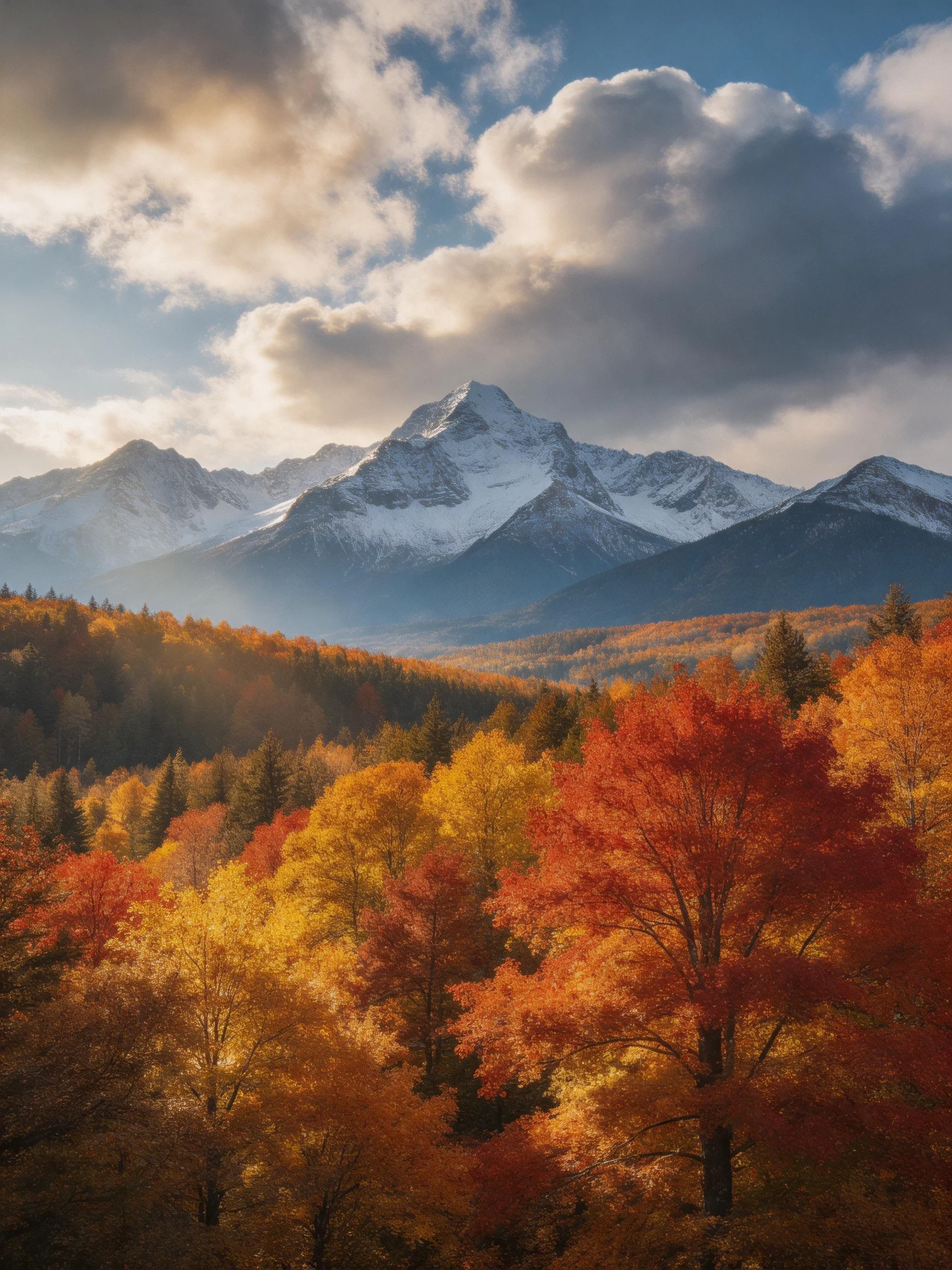 Vibrant autumn foliage surrounds snow-capped mountain peaks under dramatic clouds