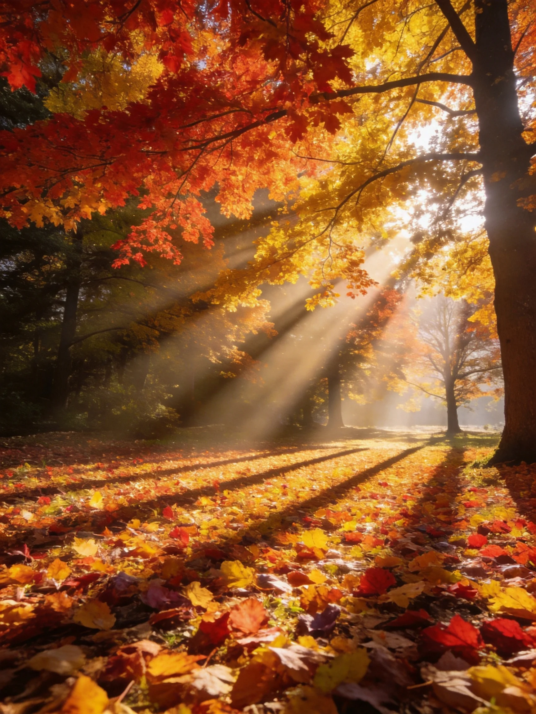 Vibrant autumn foliage with golden and crimson leaves under sunbeams