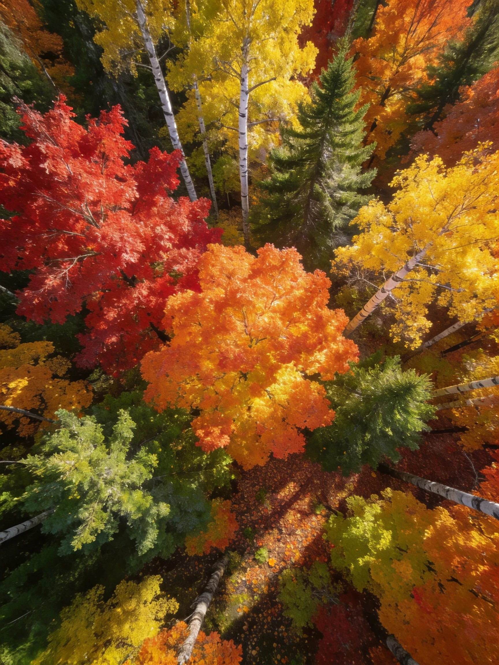 Vibrant autumn forest canopy with multicolored foliage and white trunks