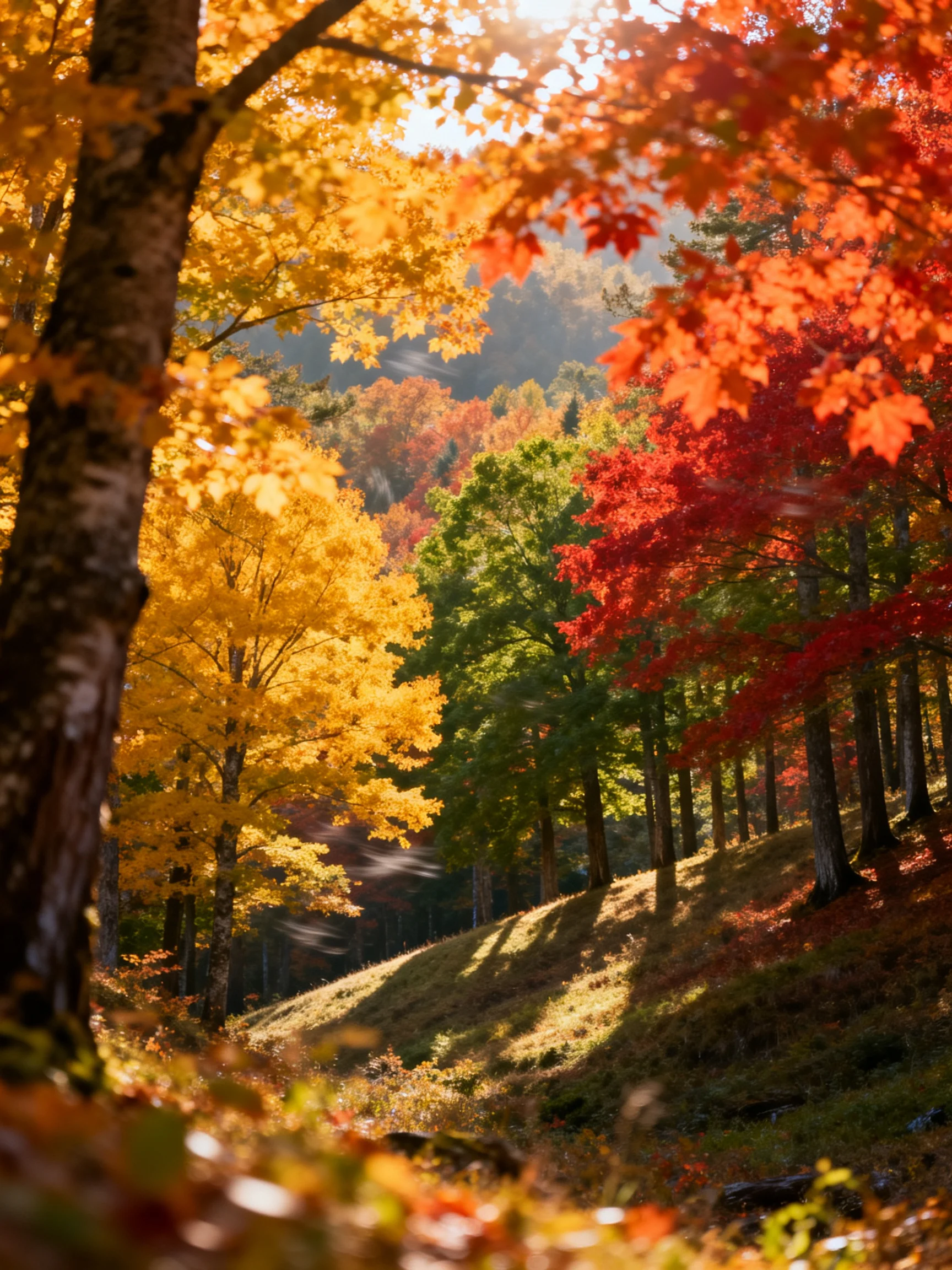 Vibrant autumn forest featuring golden, crimson, and green foliage