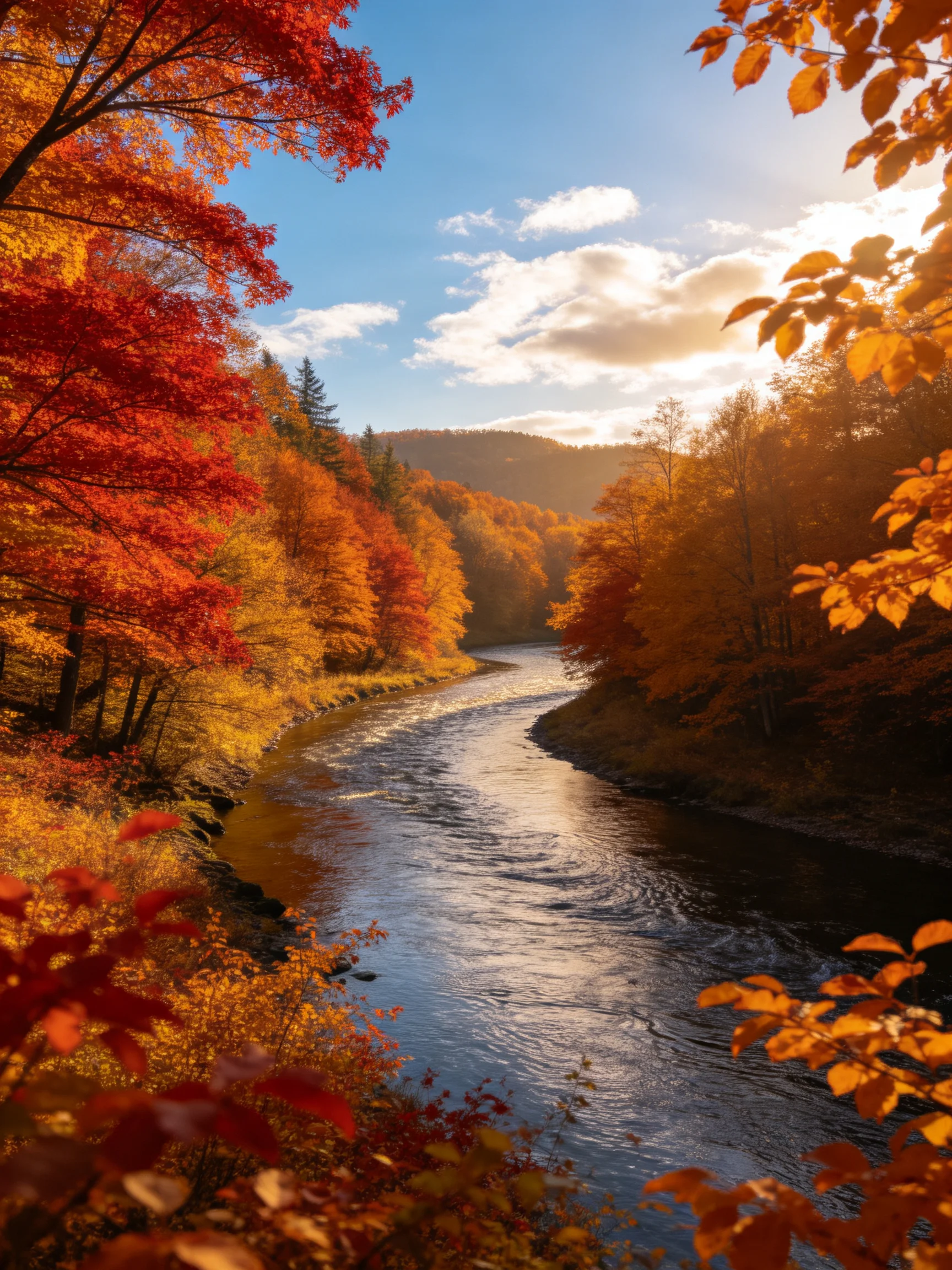Vibrant autumn forest surrounds a winding river under bright sunlight