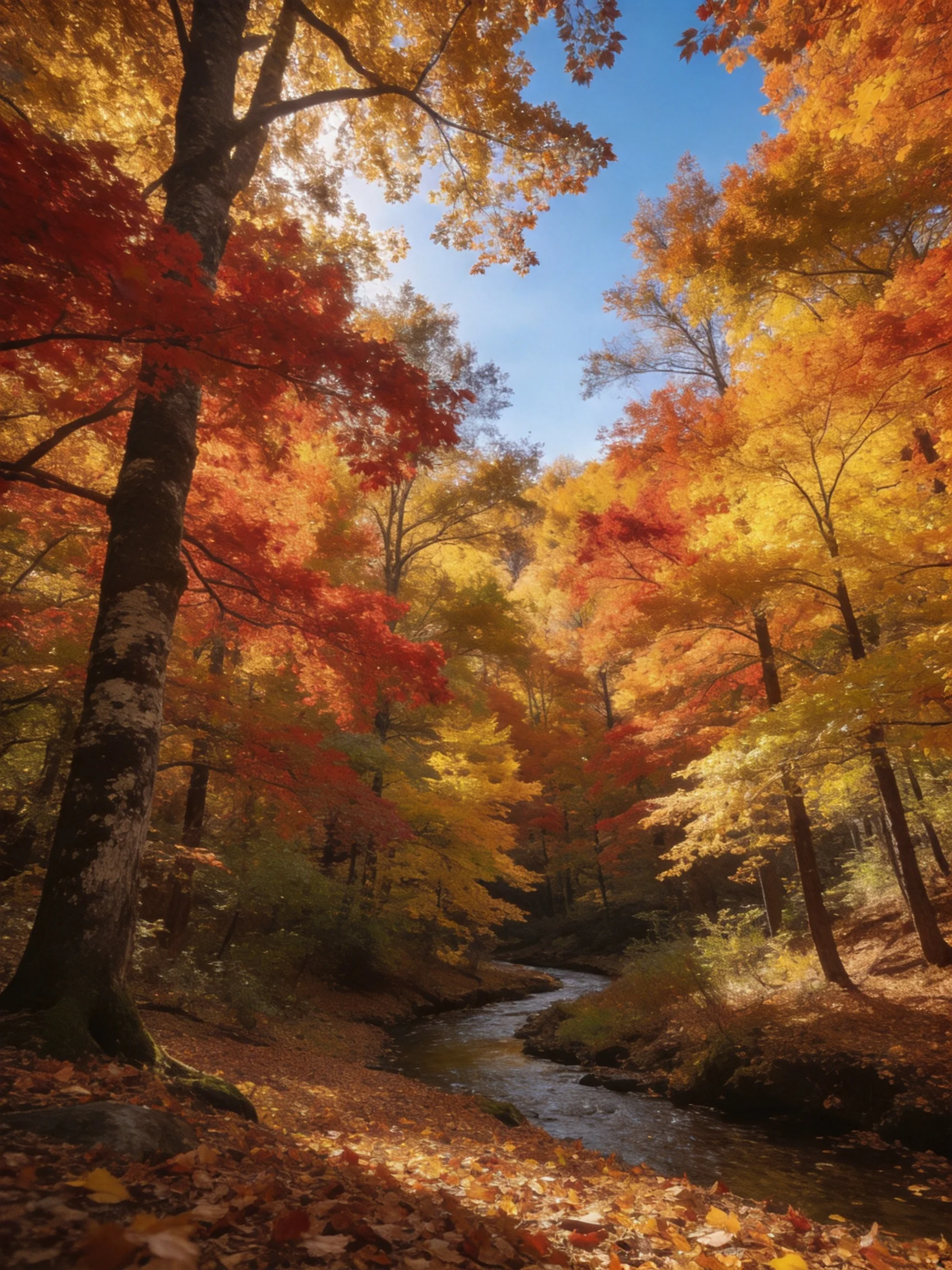Vibrant autumn forest with colorful foliage and a winding stream