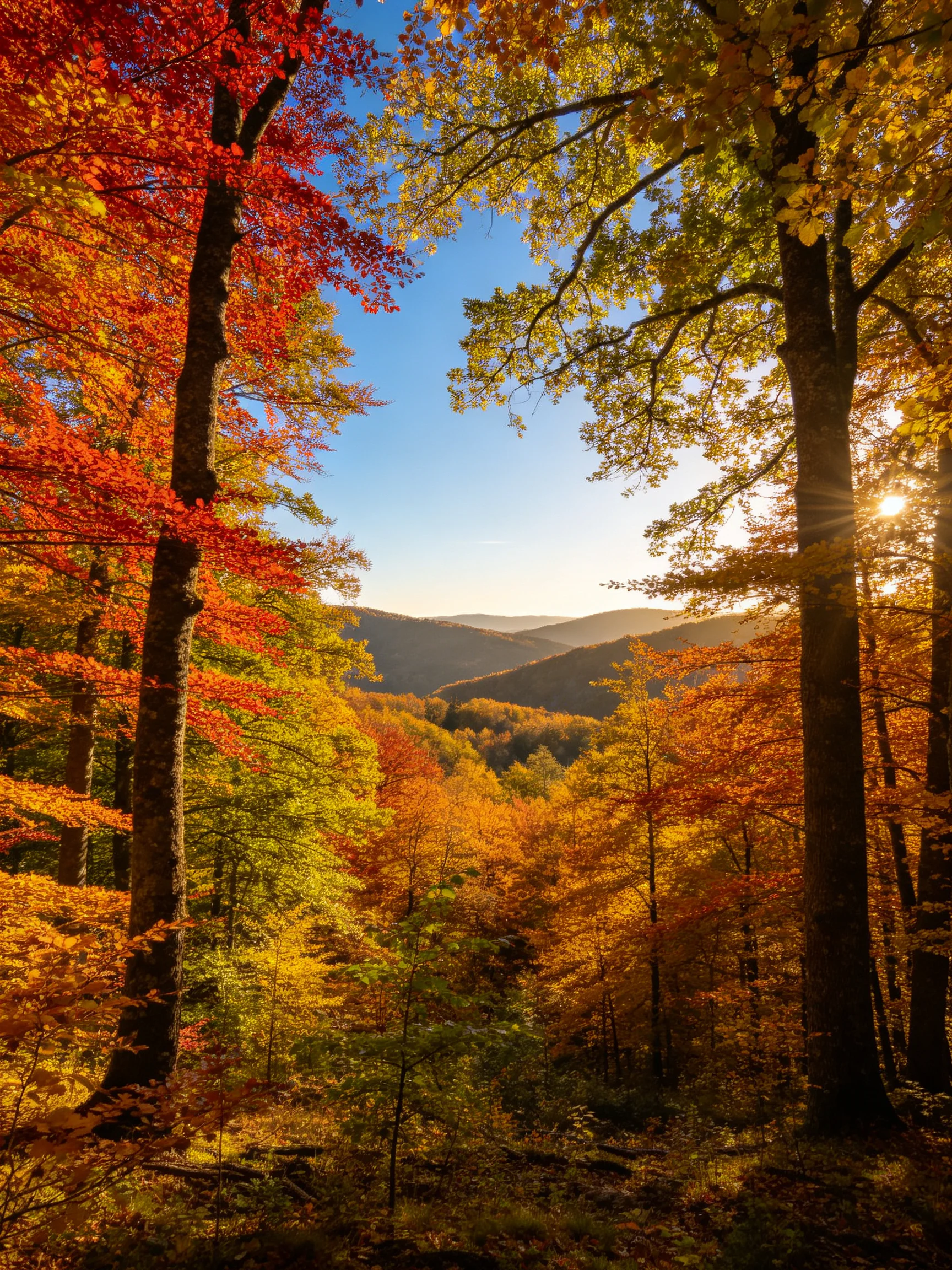 Vibrant autumn forest with colorful foliage and distant mountains