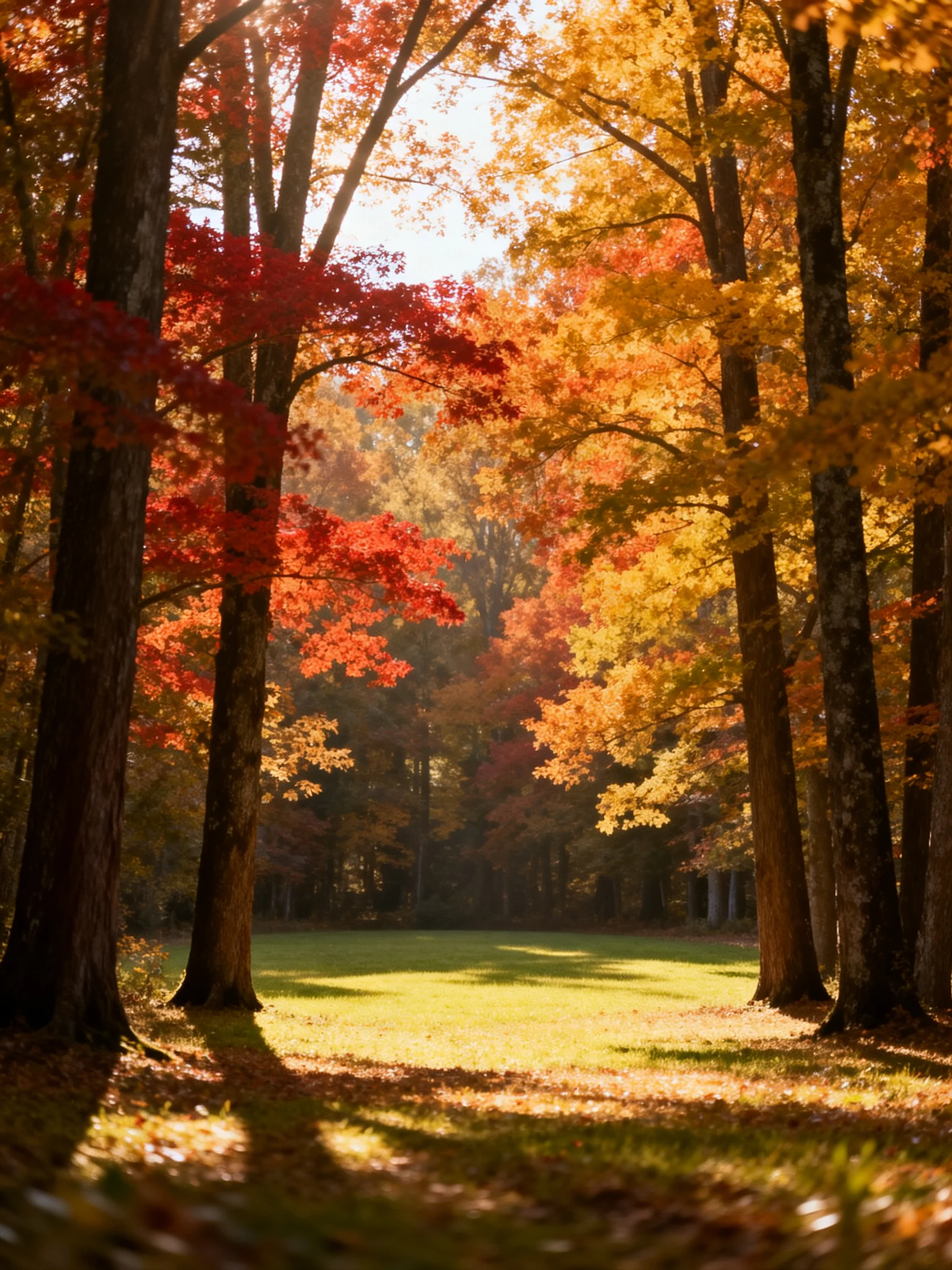Vibrant autumn forest with colorful foliage over sunlit meadow