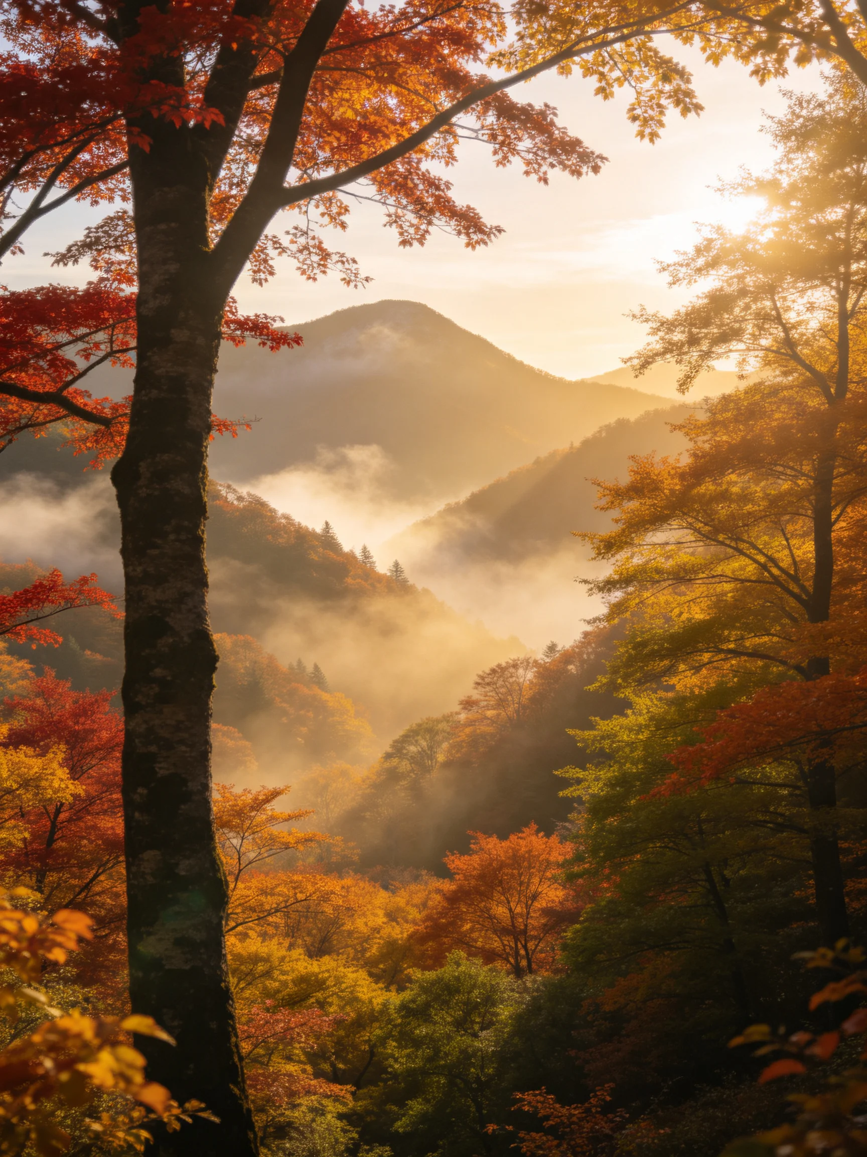 Vibrant autumn forest with colorful trees and misty mountain backdrop