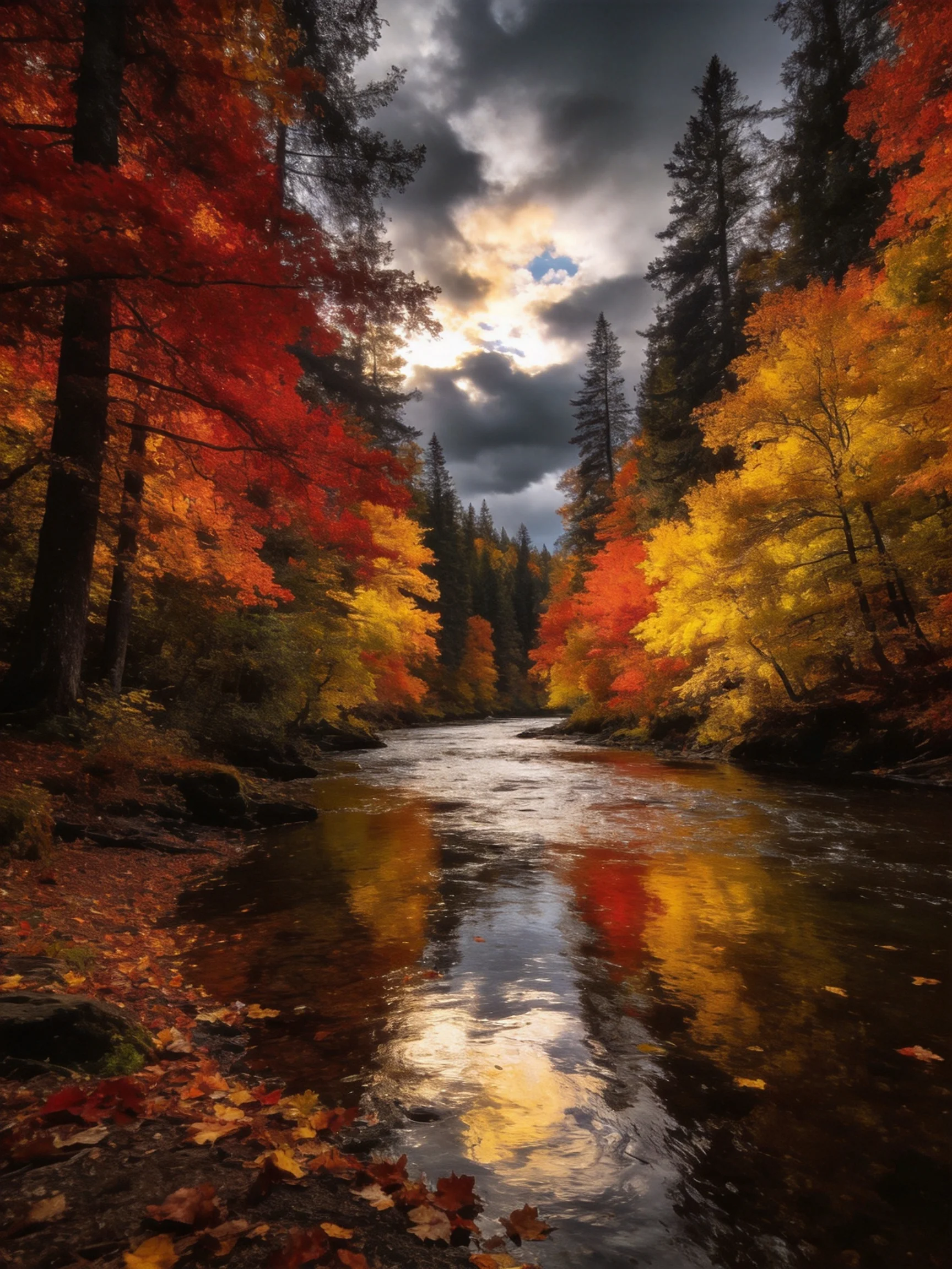 Vibrant autumn forest with colorful trees reflecting in a winding stream