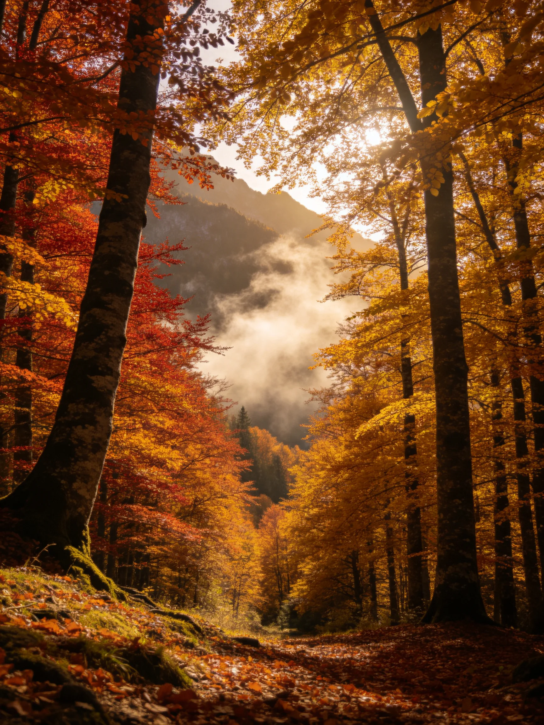 Vibrant autumn forest with golden and crimson foliage near mist-shrouded mountains