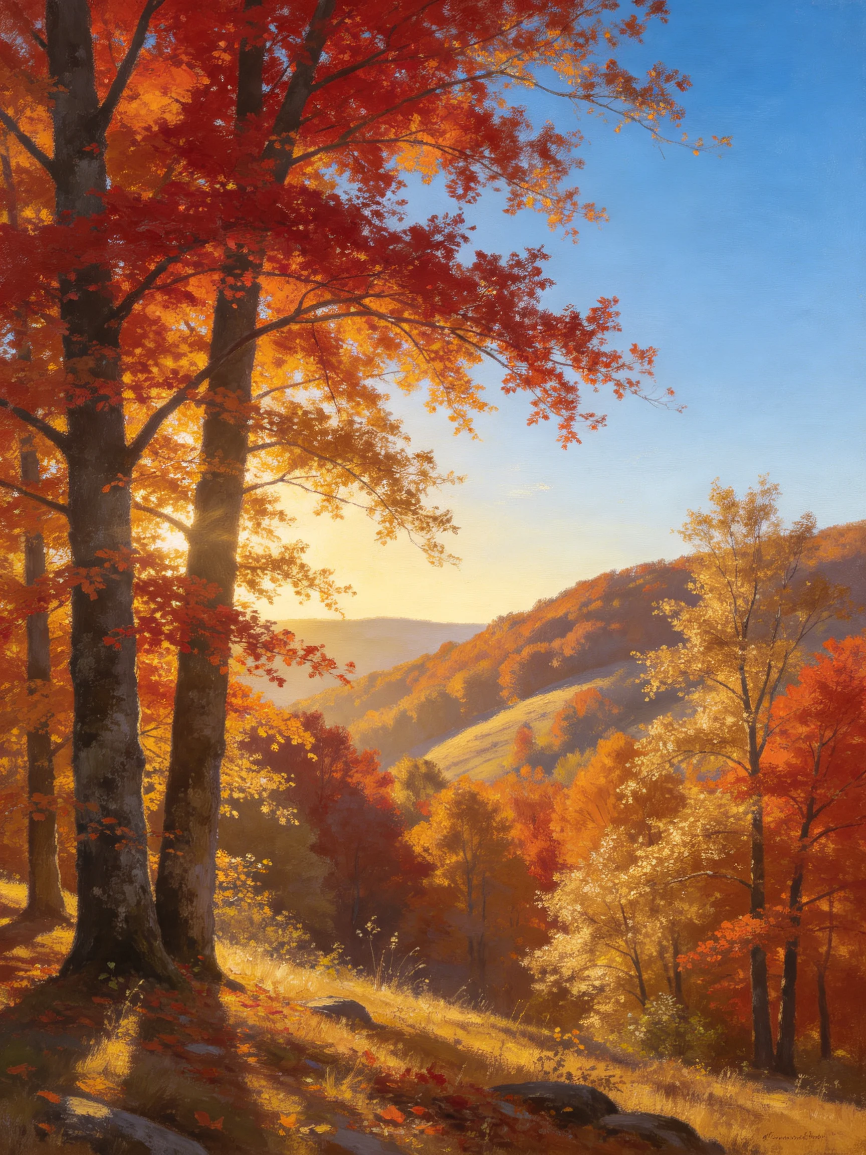 Vibrant autumn forest with golden and crimson trees on rolling hills
