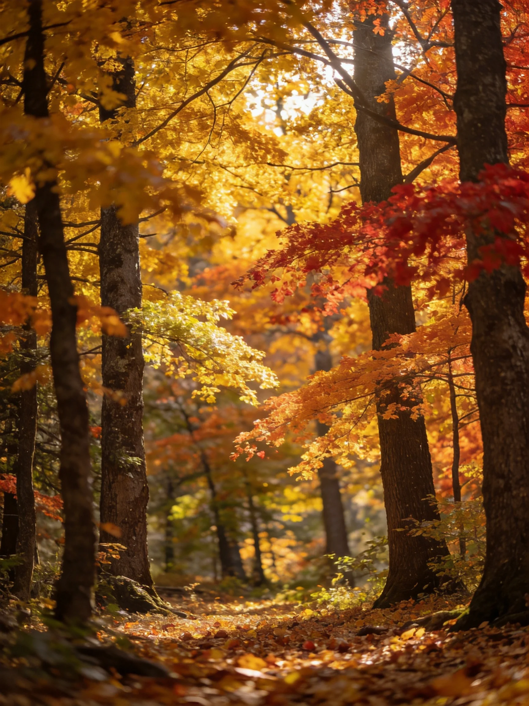 Vibrant autumn forest with golden, crimson, and amber foliage