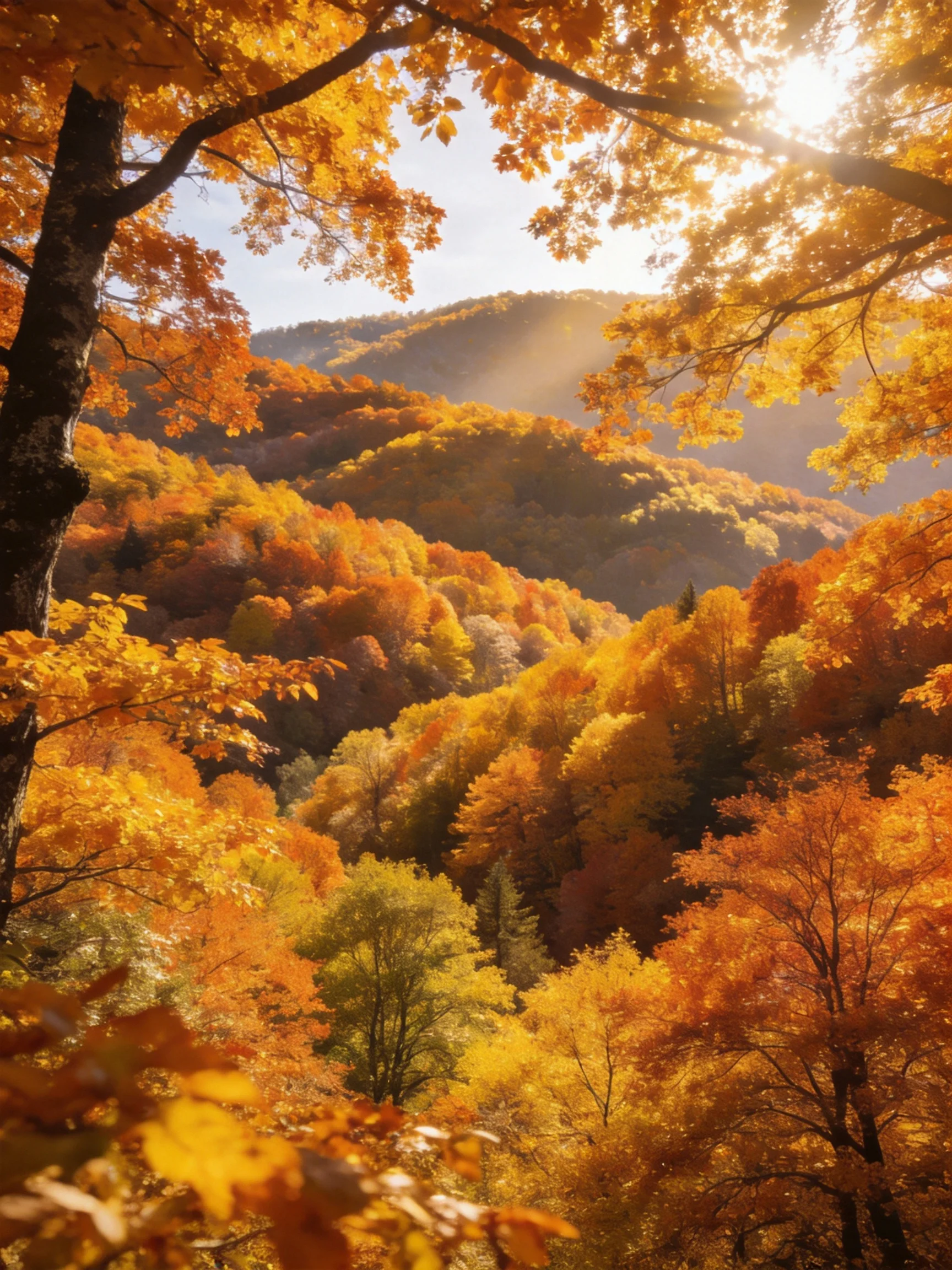 Vibrant autumn forest with golden-orange trees across rolling hills