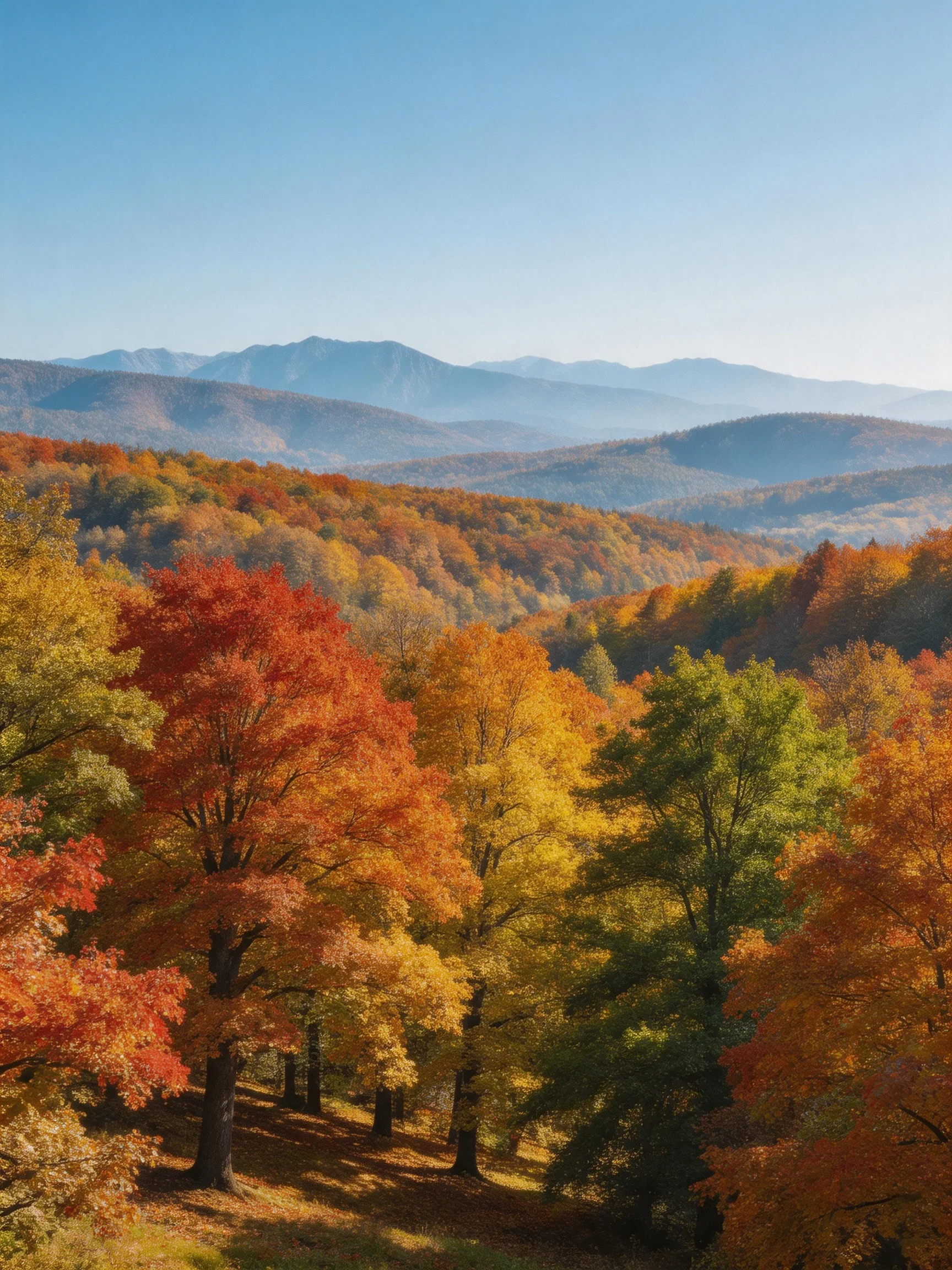 Vibrant autumn forest with multicolored foliage and distant mountain ranges