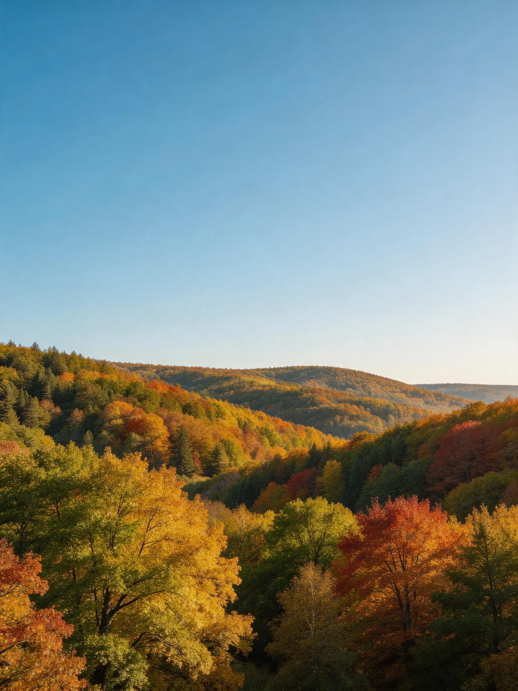 Vibrant autumn forest with multicolored foliage and rolling hills