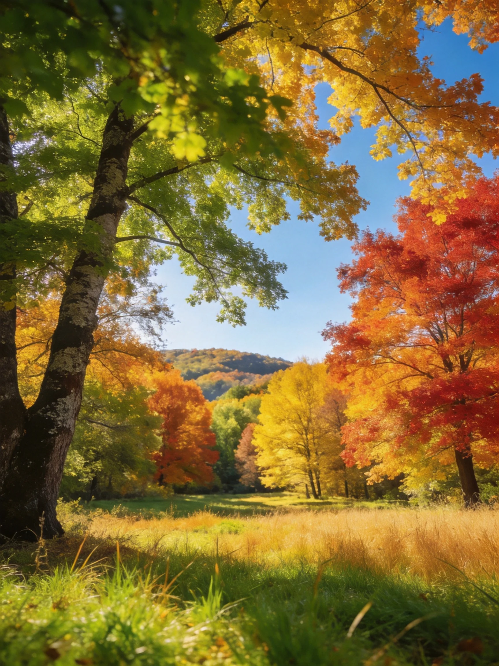 Vibrant autumn forest with multicolored trees and golden meadow