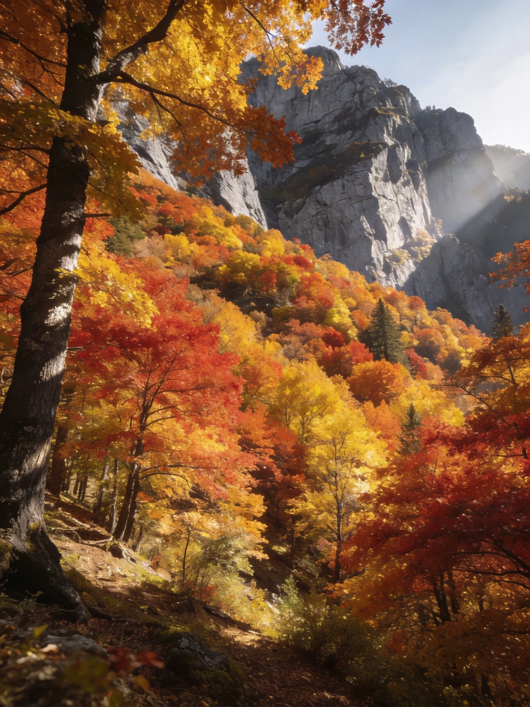 Vibrant autumn forest with multicolored trees near rocky cliffs